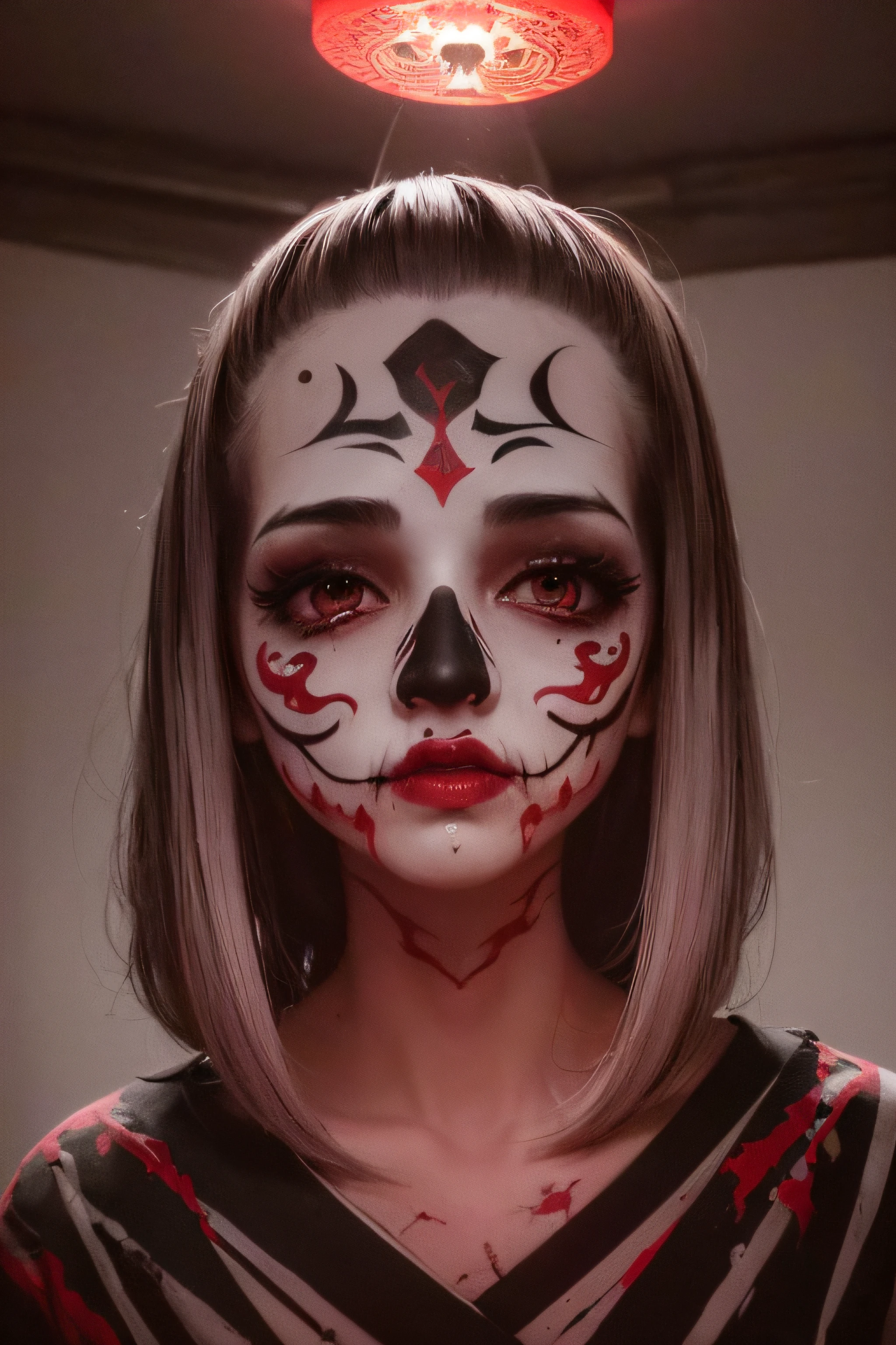 "(The best lighting, oscuro, dramatic),(feto calavera geisha escupiendo tinta roja, Cicatrices, sexy, cerebro, sangre, una rata dentro de la cabeza, terror.),(ojos rojos, calaveras). volumetric light.