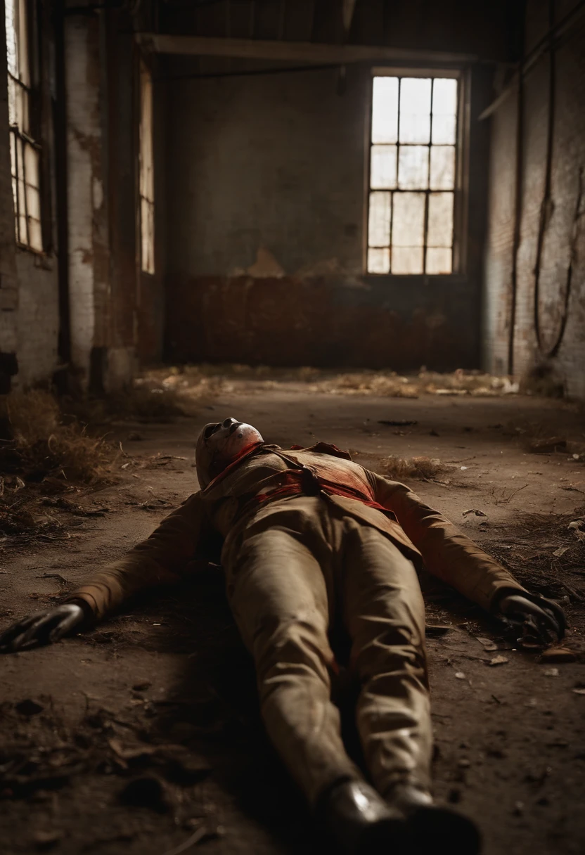 A photo of a dismembered mannequin lying on the ground in an abandoned warehouse,Halloween movie series,michael meyers, male