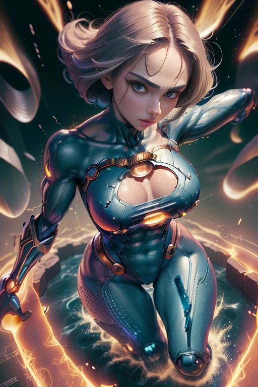 ultra-detalhado, Realistic: 1.35, superhero girl, 18 anos, seios grandes e cheios, tiro de corpo inteiro,Vestido cyber girl, shoulder and arm prosthesis, leg prosthesis, tecnologia, (Supergirl One-Piece Suit), Face of Korean idol, peito grande, ((terno de spandex, Bodysuit apertado Troso)), ((cabelos loiros, seios grandes: 1.4)), bodysuit muito fino, Heroic appearance, detailed clavicles and chest, pele lisa, pupilas espumantes, feminine fascination, Strapless bodysuit,