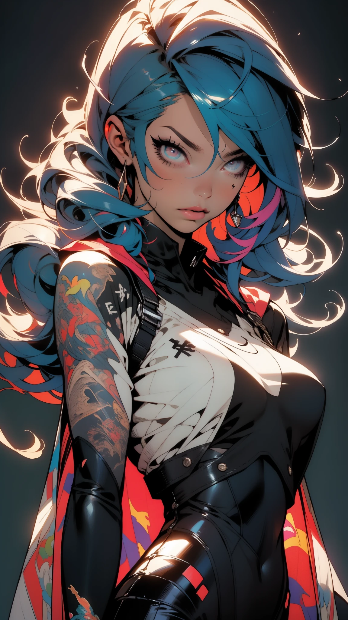background, mixed-language_text, Japanese letters in graffit, girls, long colored, excellent lighting, high contrast sidelighting, perfect ultimate (flat color: 1.3), (magazine_cover: 1.4), (multicolored_background: 1.3), striped_background, card_background, :: comix style by joe madureira :: circular pieces of white metals glued to the arms ultra detailed coming out sparkling shine, perfect and detailed, ultra detailed shirt with abstract design and with letter print Japanese in graffit of the sides of clothing, image of a woman with blue hair and a red cape, wlop and krenz cushart, extremely detailed artgerm, krenz cushart and artgerm, with immersive effects, hover effect, background graffiti style tribal tattoo with flowers and vibrant colors, "ultra HDR" detailed and with focus effect, (masterpiece: 1.2, best quality), (beautiful eyes with huge eyelashes finely detailed: 1.2), , ((Solo)), (Finely detailed eyes and detailed face: 1.3), in various full-body attack poses, (cute background: 1.2),futuristic costume, super detailed circular metals Clinging to the arms and pants, fantastic paintings