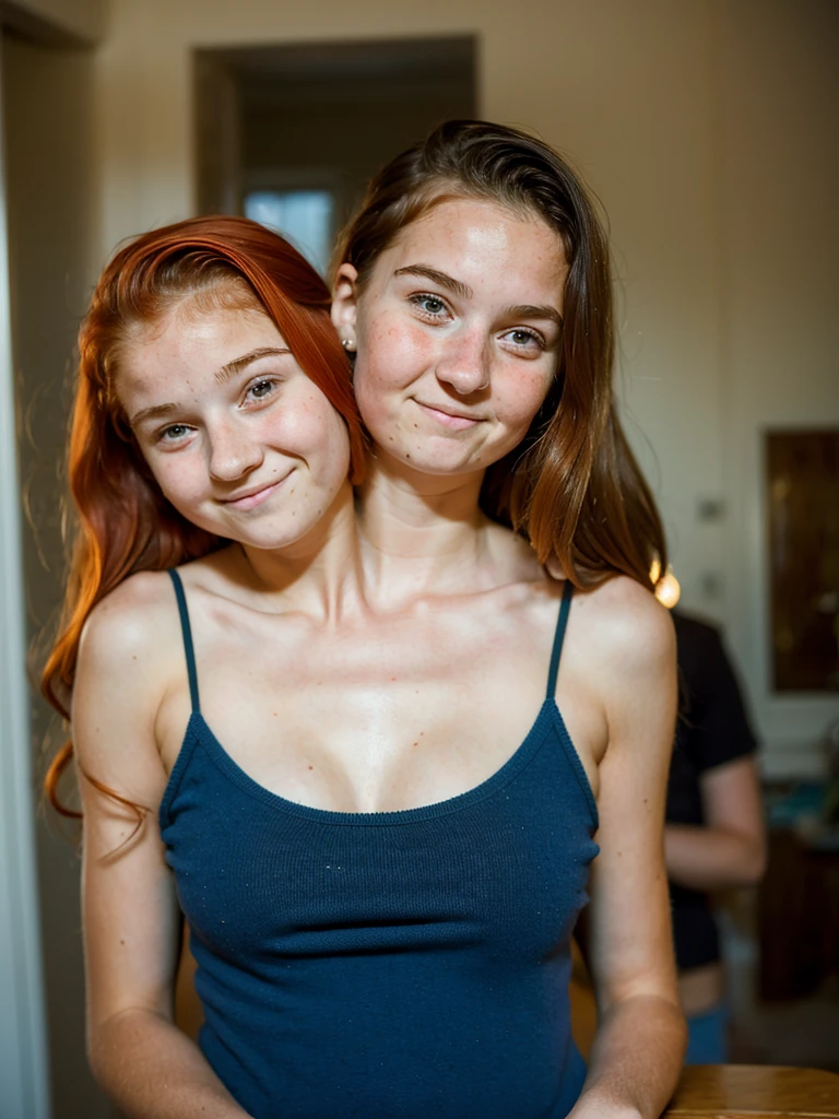 Two headed girl, (13 year old girl next to her 17 year old sister:1.5), (uncomfortable:1.5), (redhead:1.1)