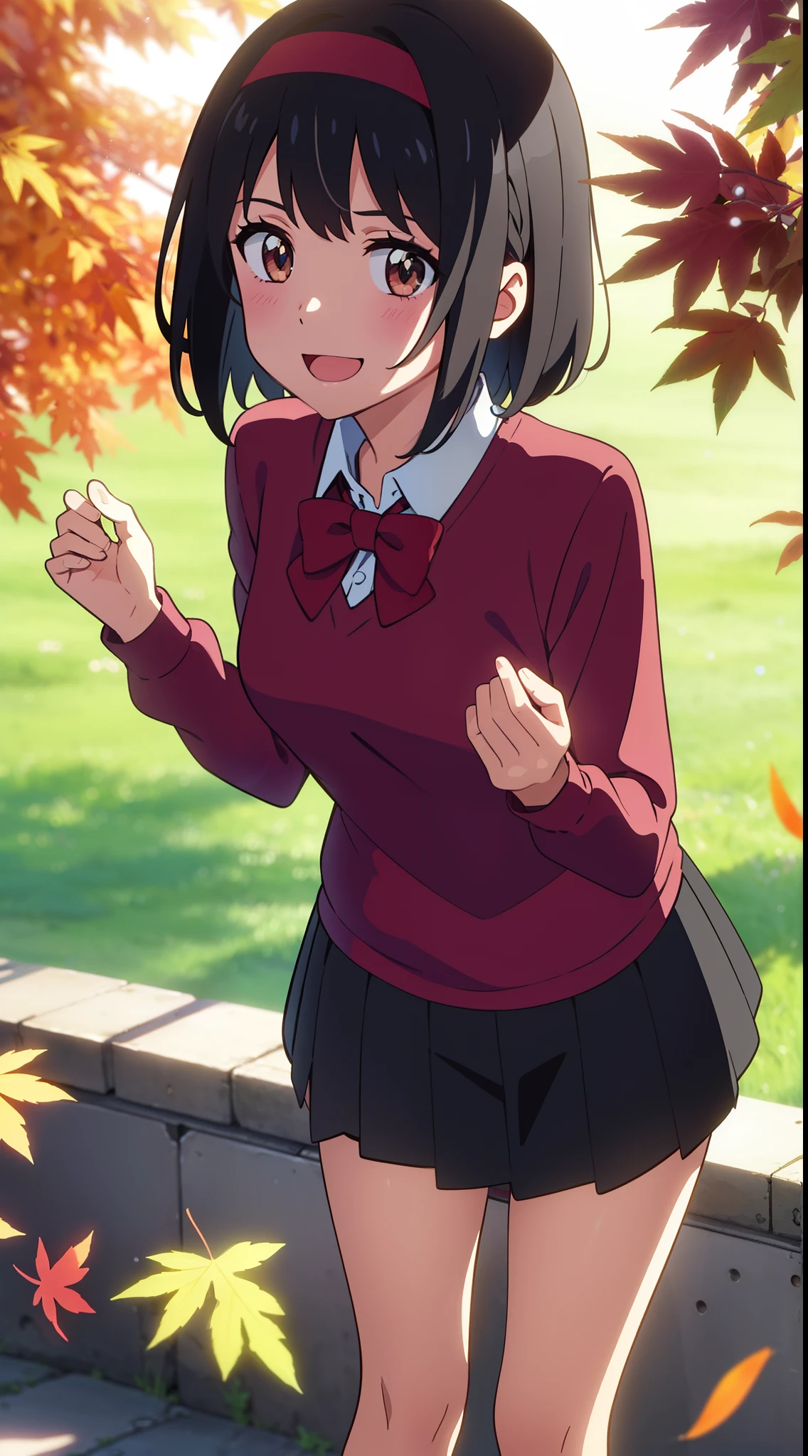 shinkai makoto, kimi no na wa., 1girl, bangs, black hair, blush, bright eyes, brown eyes, headband, looking at the viewer, red bow, red headband, red ribbon, t-shirt, short hair, medium breasts, solo, skirt, pretty shirt, long sleeves, day, Outdoors, shiny skin, standing, shadow, short jacket, smile, happy, :D, {{{gorgeous Illustration}}}, {{{{masterpiece}}}}, {{{{{{in autumn}}}}}}, maple tree, falling leaves, {{{{fluttering leaves}}}},{{{{{{motion lines}}}}}}, dynamic pose, {{intense angle}}