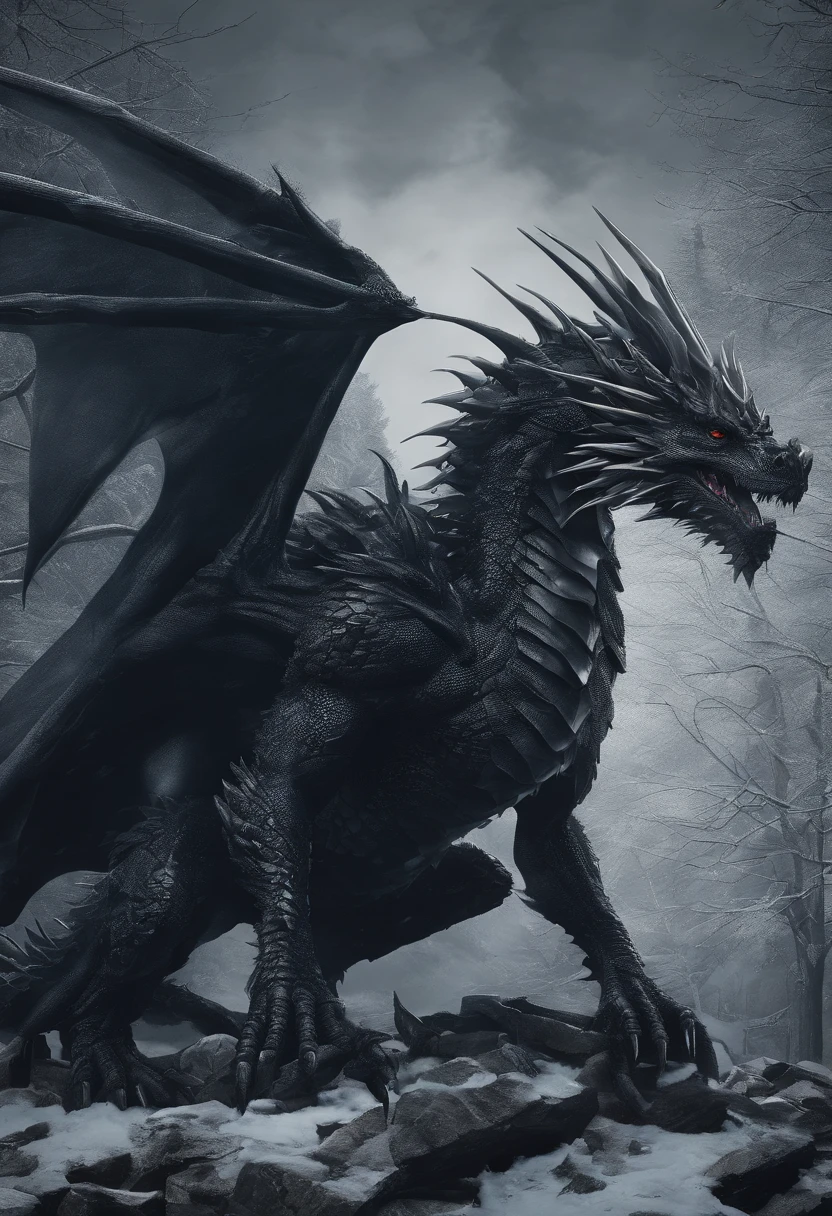 Dark Dragon of geographic data in the style of detailed hyper-realism photoshoot, com um pinheiro de natal no fundo, cheio de presentes de natal