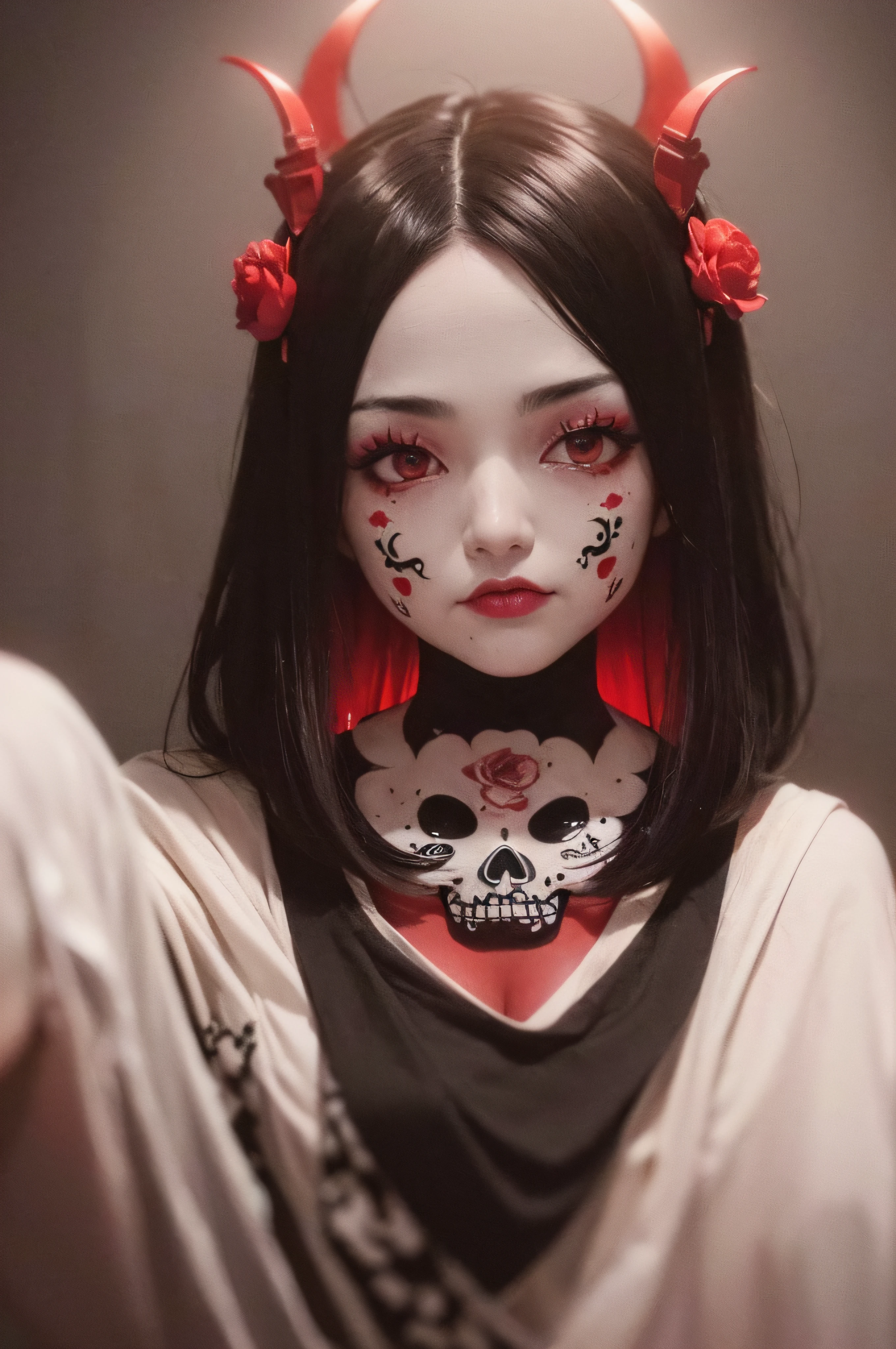 "(The best lighting, oscuro, dramatic),(feto calavera geisha escupiendo tinta roja, Cicatrices, sexy, cerebro, sangre, una rata dentro de la cabeza, terror.),(ojos rojos, calaveras). volumetric light.