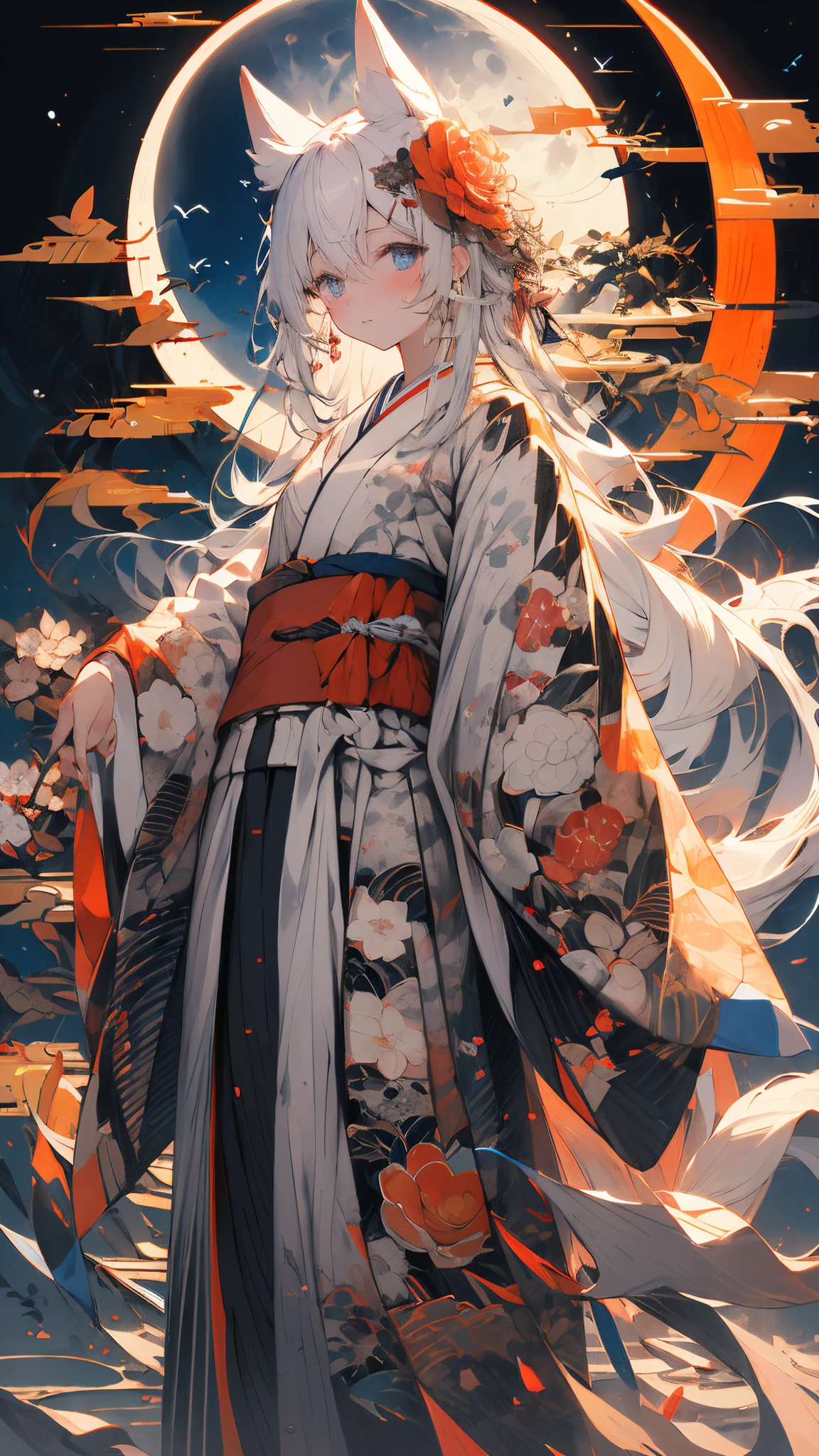 (masterpiece:1.2), best quality,PIXIV,  As the moon,
1girl, solo, long hair, moon, looking at viewer, full moon, japanese clothes, blue eyes, white hair, kimono, wide sleeves, long sleeves, animal ears, floral print, egasumi, hair ornament, bangs, hair between eyes, standing, closed mouth, jewelry, blush, earrings, white kimono, print kimono