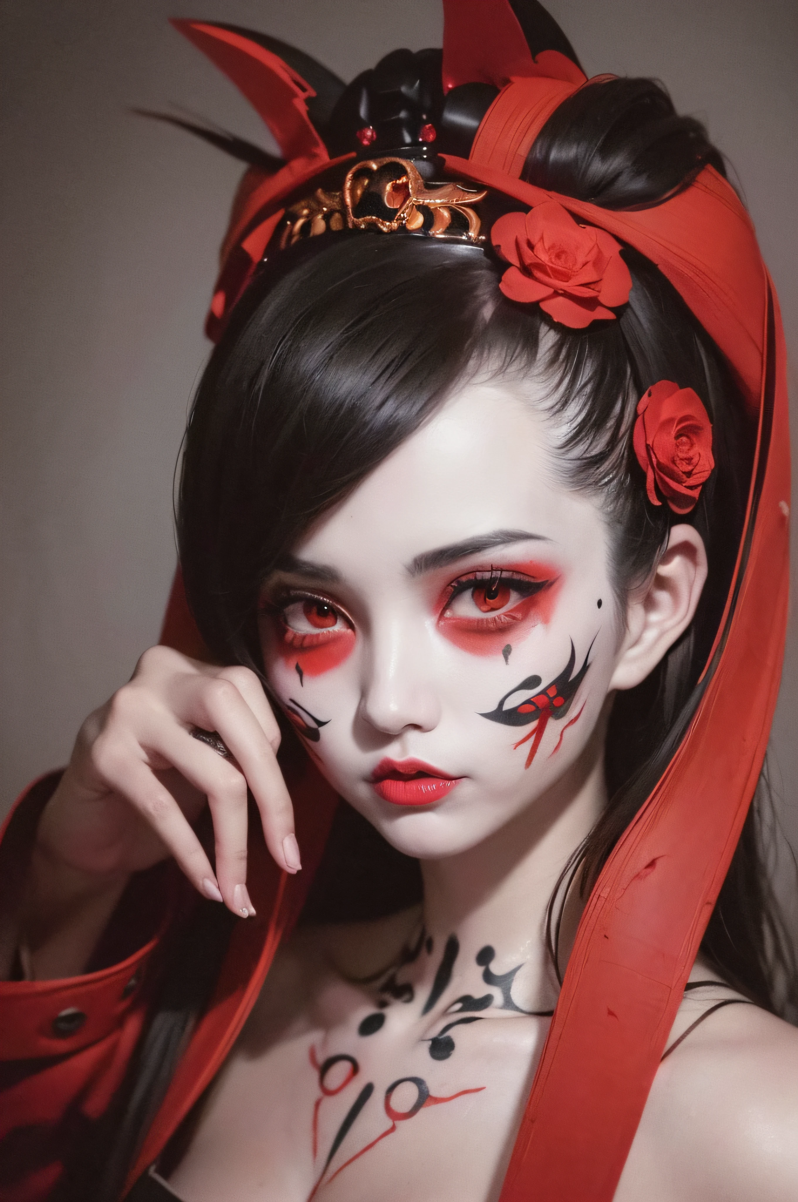 "(The best lighting, oscuro, dramatic),(feto calavera geisha escupiendo tinta roja, Cicatrices, sexy, cerebro, sangre, una rata dentro de la cabeza, terror.),(ojos rojos, calaveras). volumetric light.