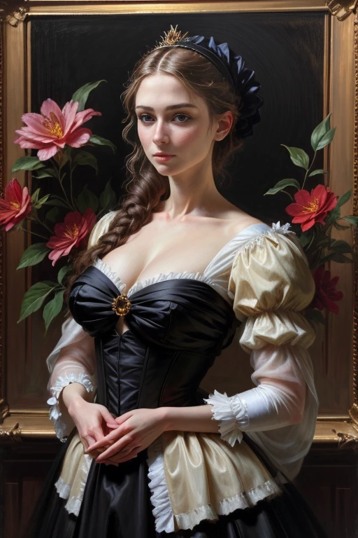 woman in a black dress stands with a bouquet of flowers in her hands., Romanticism Portrait, Realistic portrait of the Renaissance, in a renaissance style, mary jane ansell, In the style of the High Renaissance, Portrait of the Renaissance, Fantasy genre portrait, renaissance digital painting, alexey egorov, Fantasy Victorian art, Pre-Raphaelite style, Serge Marshennikov, Hyperrealism Renaissance art