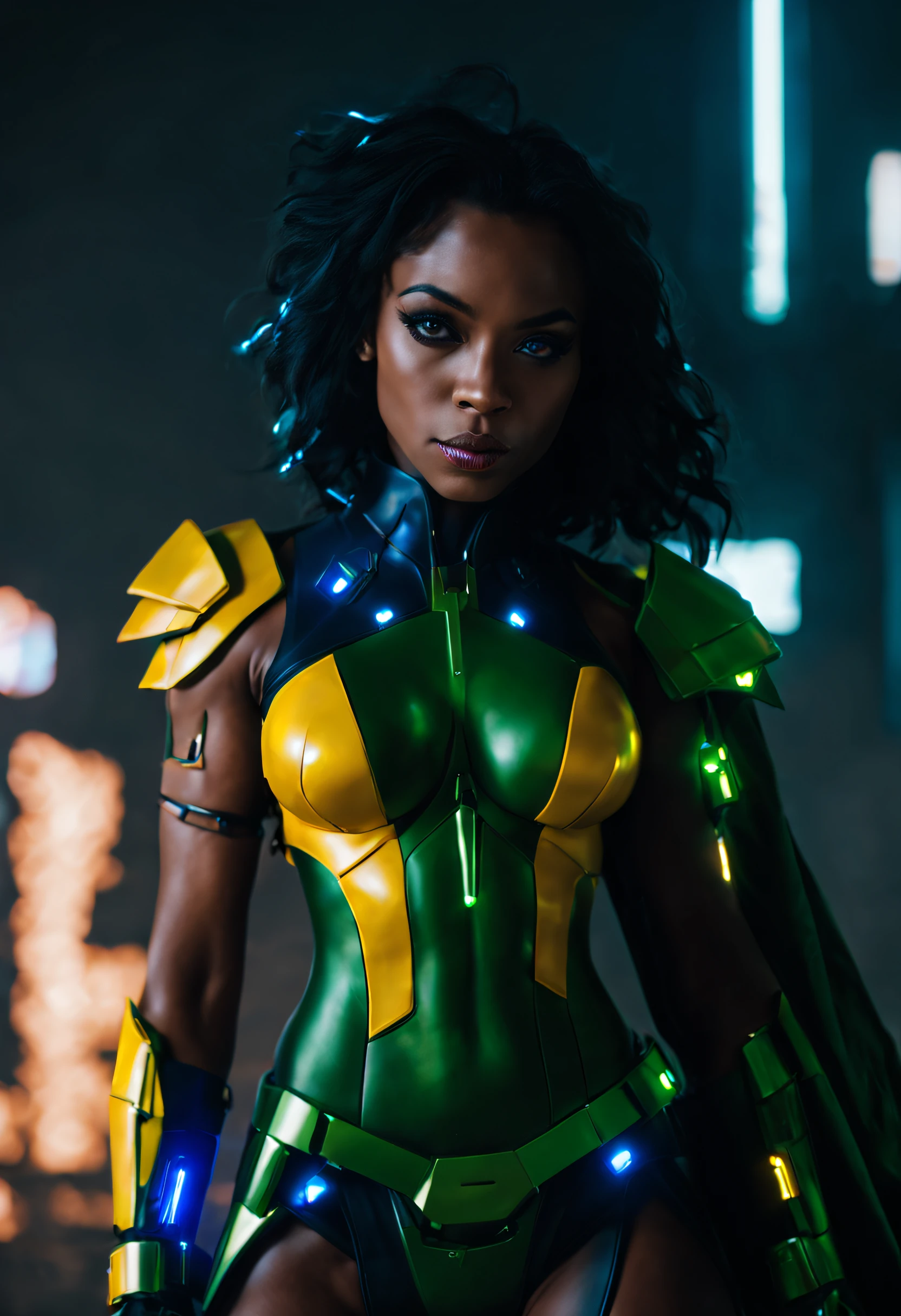 uma linda mulher negra realista super sexy, seios grandes e firmes, super detalhado, (((verde, fantasia cyberpunk azul e amarela))), cinemactic, fotografia, sexy, alta qualidade, 8k.