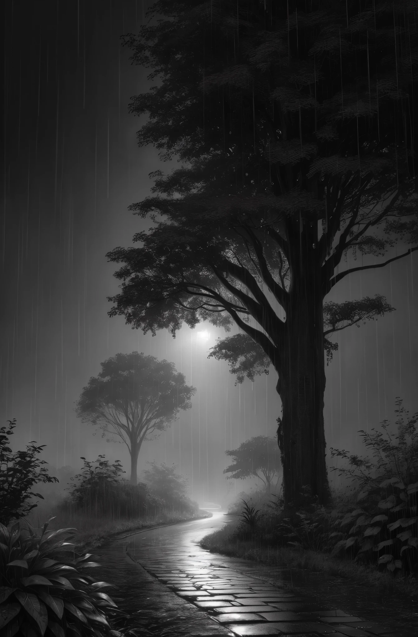Jungle, with intense rains, monochrome, vines around, giant and wet trees, masterpiece, best quality, high quality, extremely detailed CG unity wallpaper 8k, oil painting, award-winning photography, bokeh, depth of field, HDR, flowering, chromatic aberration, photorealistic, very detailed, popular on artstation, popular in CGsociety, complex, high detail, dramatic, art in the middle of the road, volumetric lighting