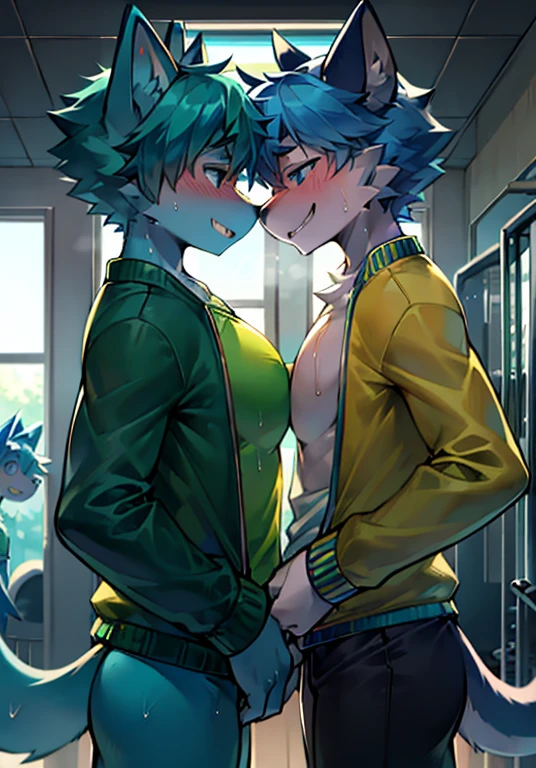 Two males, Two characters, shark, teenage boys,cat, cat ears, Green fur, yellow jacket, Green T-shirt, Blue hair, blue eyes, endearing smile, Shows teeth, blue jacket, white shirt, polished, 4k, in the gym, very sweaty, heavy breathing, TITTIES, standing next to each other, Facing Me