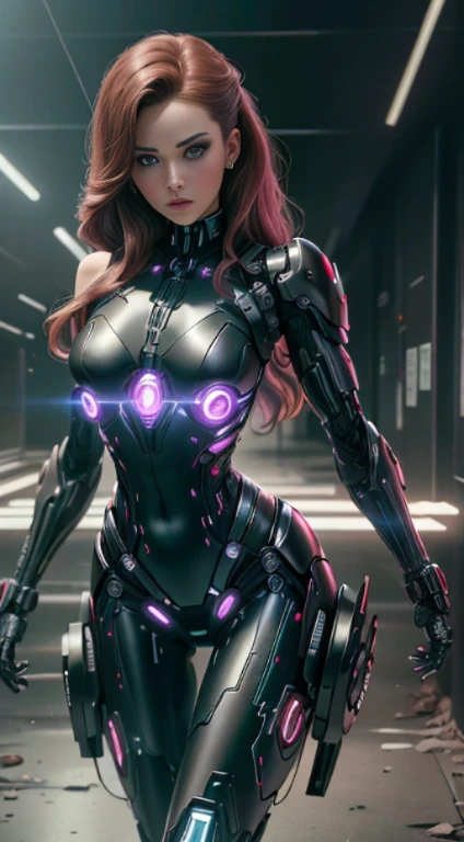 1girl, corpo inteiro, Natasha Romanoff Black Widow style (Da Marvel Studios), cybernetic, cyberpunk, cyber girlfantasia, shoulder prosthesis, leg prosthesis, medium breasts, sorrir, randome pose, Pose bonita, (master part, best quality, Textura detalhada da pele, textura de pano detalhada, Rosto bonito e detalhado, detalhes intrincados, ultra detalhado),  cabelos ruivos curtos, dynamic pose, (best quality, A high resolution, fotorrealista, primitivo, 8k,master part, ),best quality, masterpiec8k.HDR. Costelas altas:1.2, filmgrain, Desfoque Bokeh:1.2, Reflexo da lente, (Cores vivas:1.2), (delicado),