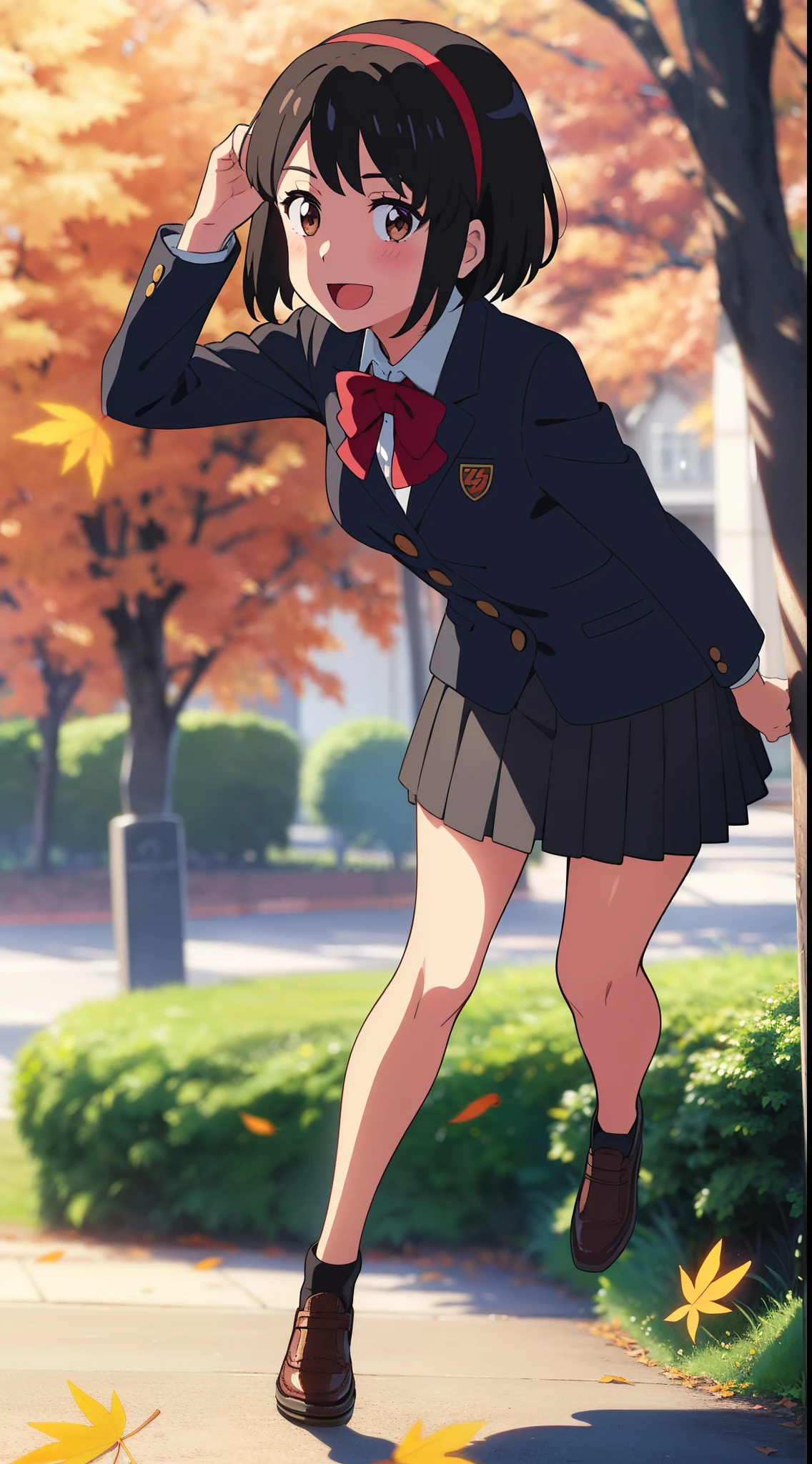shinkai makoto, kimi no na wa., 1girl, bangs, black hair, blush, bright eyes, brown eyes, headband, looking at the viewer, red bow, red headband, red ribbon, t-shirt, short hair, medium breasts, solo, skirt, pretty shirt, long sleeves, day, Outdoors, shiny skin, standing, shadow, short jacket, smile, happy, :D, full-body, {{{gorgeous Illustration}}}, {{{{masterpiece}}}}, {{{{{{in autumn}}}}}}, maple tree, falling leaves, {{{{fluttering leaves}}}},{{{{{{motion lines}}}}}}, dynamic pose, {{intense angle}}