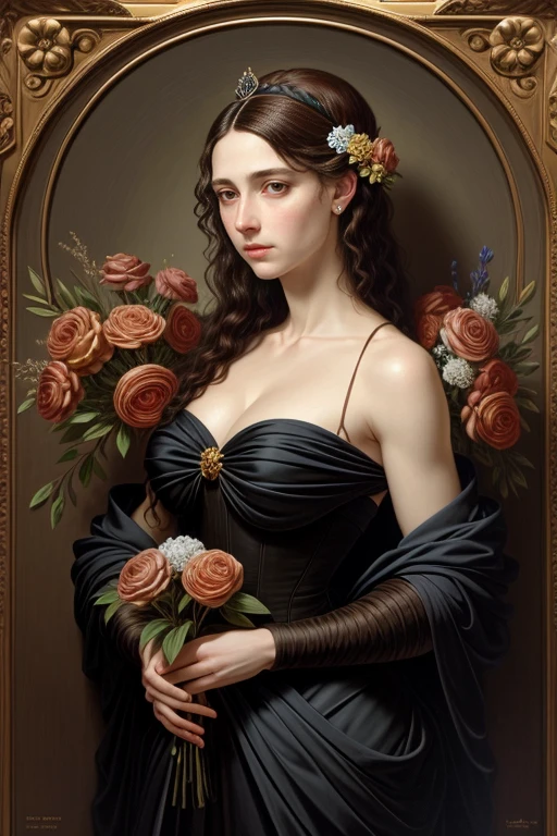 woman in a black dress stands with a bouquet of flowers in her hands., Romanticism Portrait, Realistic portrait of the Renaissance, in a renaissance style, mary jane ansell, In the style of the High Renaissance, Portrait of the Renaissance, Fantasy genre portrait, renaissance digital painting, alexey egorov, Fantasy Victorian art, Pre-Raphaelite style, Serge Marshennikov, Hyperrealism Renaissance art