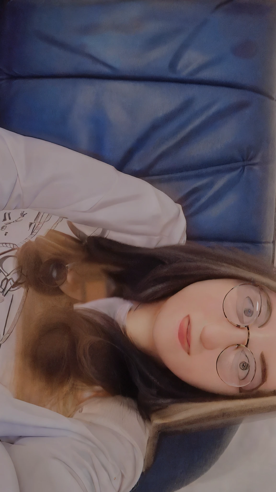 arafed girl with glasses and a white shirt sitting on a blue couch, frontal picture, very very low quality picture, low quality photo, low quality photograph, indoor picture, with glasses, around 15
 years old, album photo,with long hair, large eyes and flowing long hair, blurry image, face picture, girl with glasses