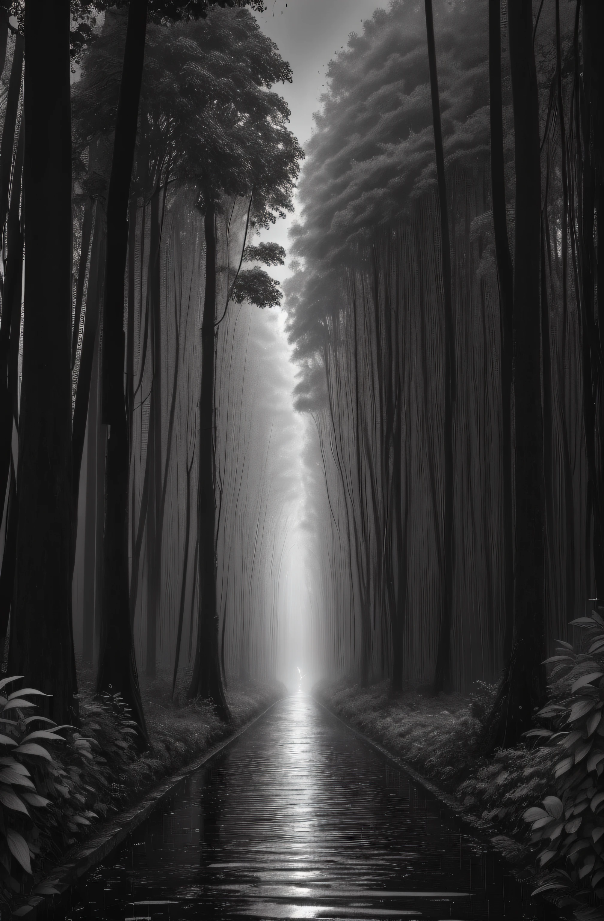 Jungle, with intense rains, monochrome, vines around, giant and wet trees, masterpiece, best quality, high quality, extremely detailed CG unity wallpaper 8k, oil painting, award-winning photography, bokeh, depth of field, HDR, flowering, chromatic aberration, photorealistic, very detailed, popular on artstation, popular in CGsociety, complex, high detail, dramatic, art in the middle of the road, volumetric lighting