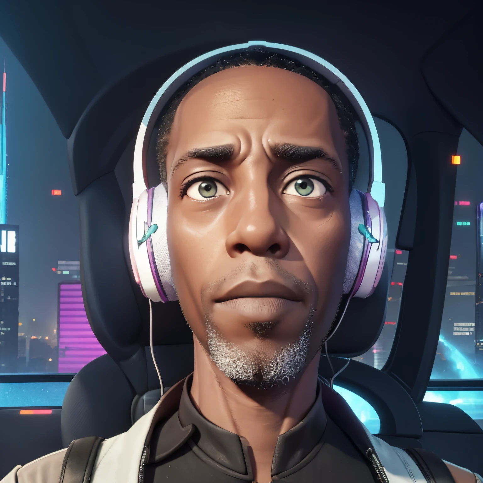 A closeup photo of Shawt as a black male in a black suit with a cyberpunk cityscape behind him ,very colorful