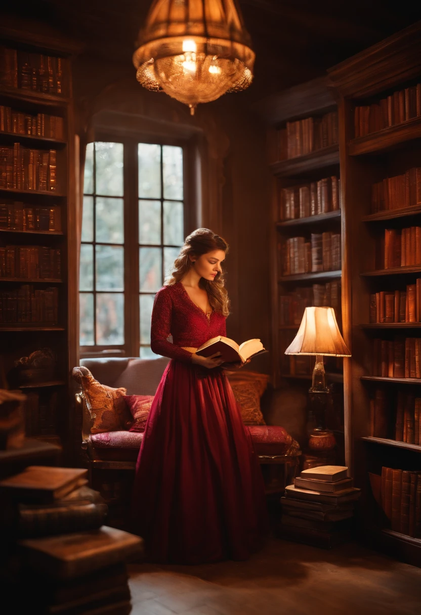 A photo of a cozy book nook with a steaming cup of tea and a pile of books,original,Wearing beautiful clothes and having a nice body, female
