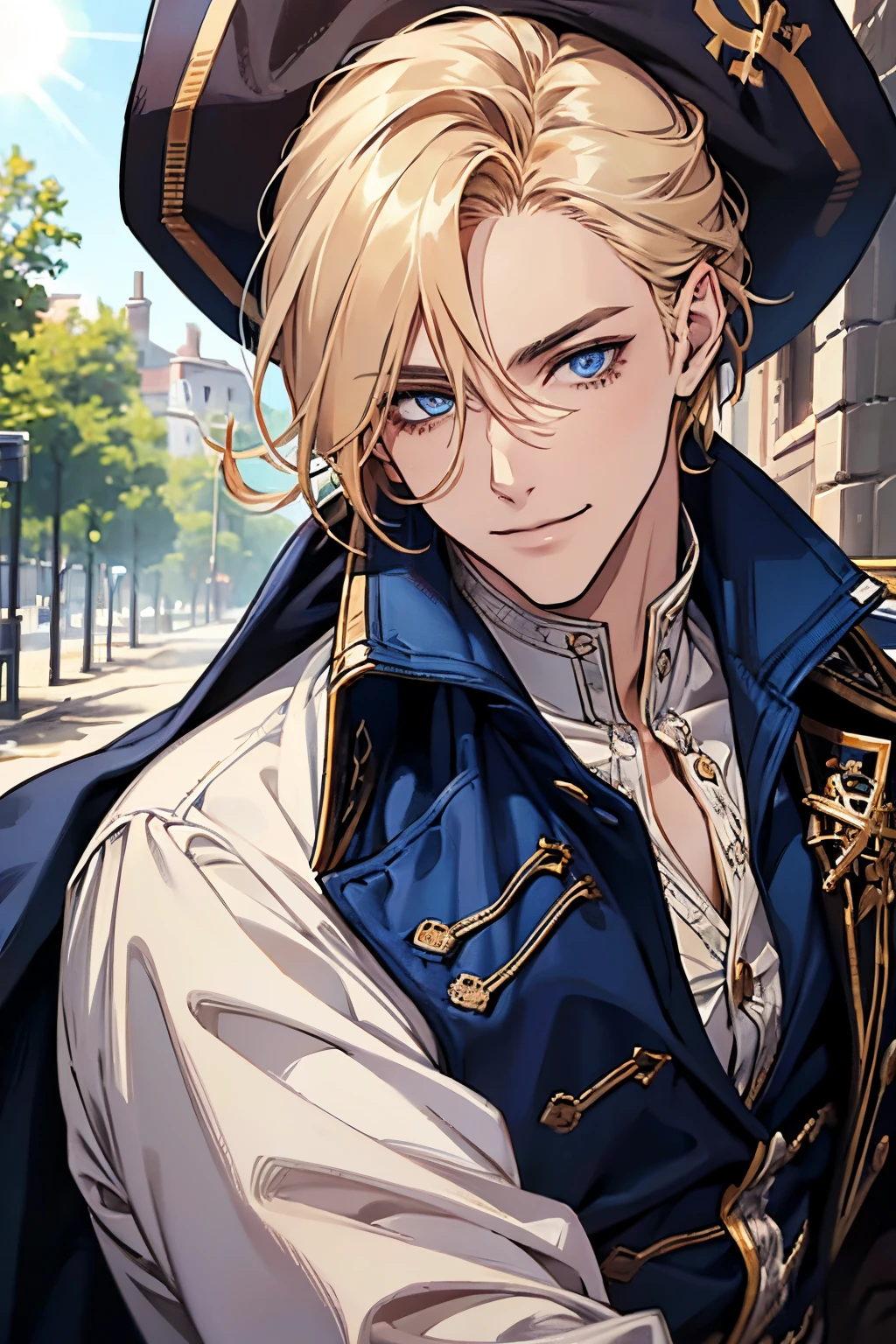 dark blue eyes, natural blonde hair, male, adult, smile, sunshine, pirate, moles on the face