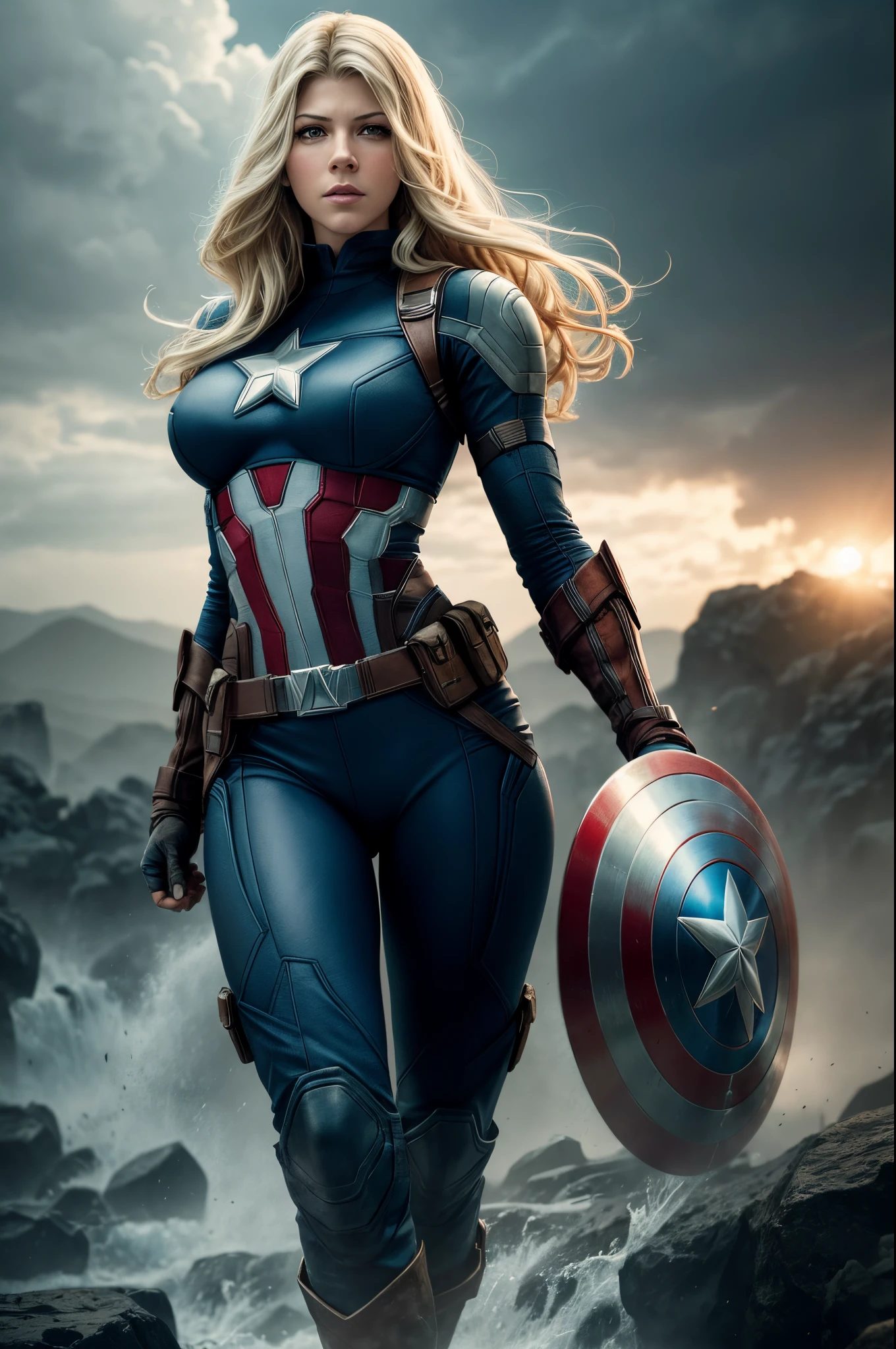 realistic image of katheryn winnick as captain america full body photography of (kathwin: 1), (Rim lighting in hair), Sharp, shallow depth of field, feminine heroic, (curvas: 1,2), (altamente detalhado), (premiado), (obra-prima), foto do filme, ( HDR), (papel de parede 8k),captain america costume,voando,heaven background,foco feminino