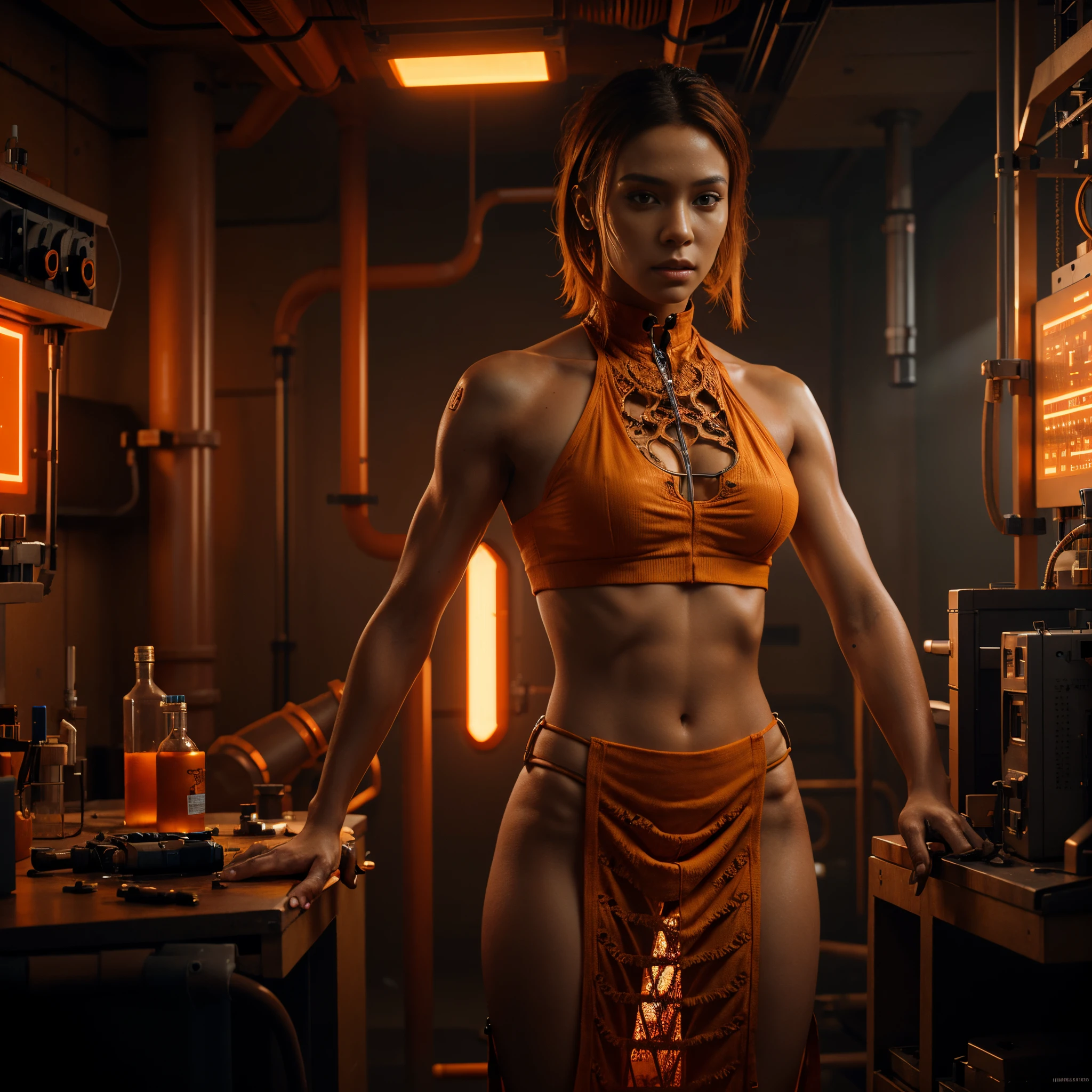 A human with orange colored skin, cyberpunk laboratory setting, high quality digital painting, intricate details, reference from great digital painting artists, 8K