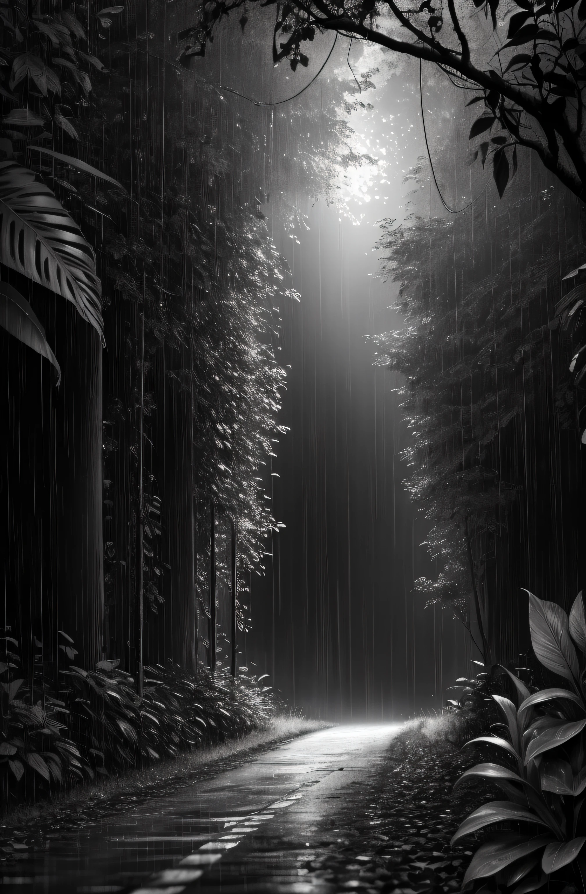 Jungle, with intense rains, monochrome, vines around, giant and wet trees, masterpiece, best quality, high quality, extremely detailed CG unity wallpaper 8k, oil painting, award-winning photography, bokeh, depth of field, HDR, flowering, chromatic aberration, photorealistic, very detailed, popular on artstation, popular in CGsociety, complex, high detail, dramatic, art in the middle of the road, volumetric lighting