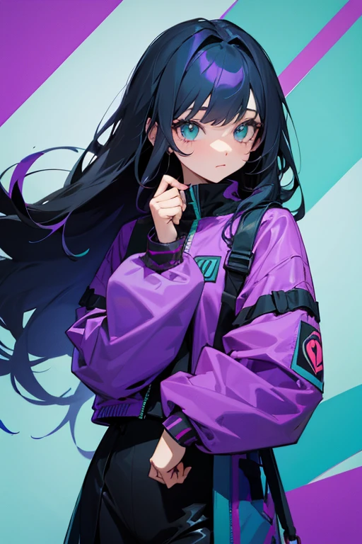 long black haired  girl with teal eyes wearing a purple jacket