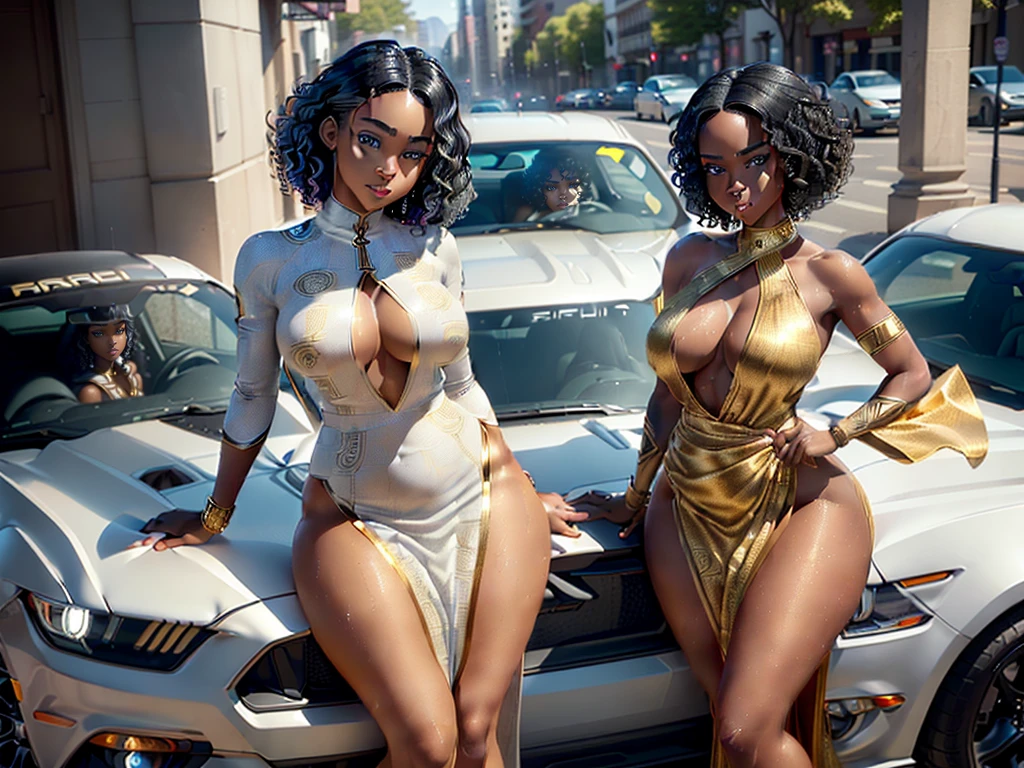 ((ultra high definition)), ((ultra high resolution)), ((ultra sharpness)), ((cinematic)), ((8K)), ((Unreal Engine 5)), ((Ultra Black girl)), ((extremely beautiful)), ((totally realistic)), ((total fidelity)), ((ultra curvy)), ((front view)), ((big ass and thick thighs)), ((ultra detailed face)), (( beautiful forehead))(,ultra detailed eyes)), ((ultra detailed irises)), ((ultra detailed hands)), ((ultra detailed fingers)), (((alone))), (((full body))), ((natural lighting)), ((white tribal markings on skin)), ((always the same face)), ((repeat always the same face)), ((always the same body)), ((always the same body proportions)), ((wearing a sexy colourful African dress clothing with gold linen and edges)), ((gold ornaments)), ((white and black 2018 ford mustang in the background)), ((in city parking)),((alone in the photo)), ((repeat the same clothes)), ((only one ford mustang)), ((always the same clothes)), ((looking at the camera)), ((short and curly hair)), ((silky curly hair)), ((black hair)), ((light gray irises)), ((rain)), ((wet))