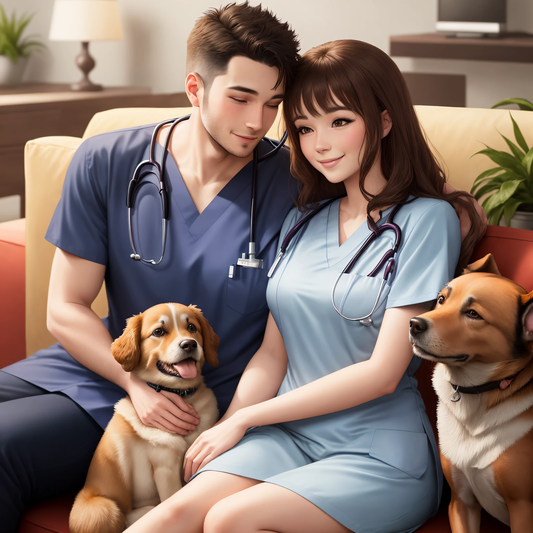 A loving couple, dressed in their nursing scrubs, cuddling on the couch with their loyal dog by their side.