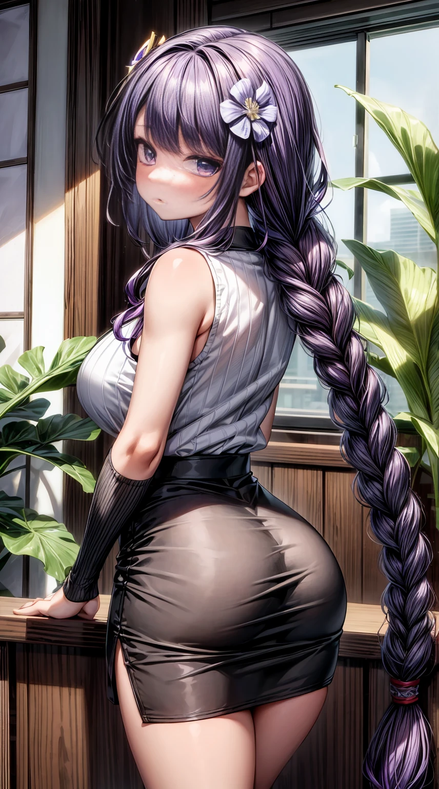 masterpiece, ultra-detailed hair, better lights, better shadows, shogun raiden,1girl, raiden shogun, breasts, skirt, purple hair, solo, long hair, large breasts, purple eyes, braid, ass, looking at viewer, braided ponytail, hair ornament, sleeveless, hair flower, black skirt, shirt, indoors, flower, looking back, bangs, bare shoulders, pencil skirt, from behind, window, thighs, mole under eye, sleeveless shirt, mole, white shirt, blush, bare arms, office lady, very long hair, plant, contemporary, parted lips, miniskirt, single braid, closed mouth, purple flower, pantylines, standing, alternate costume, ribbed shirt,