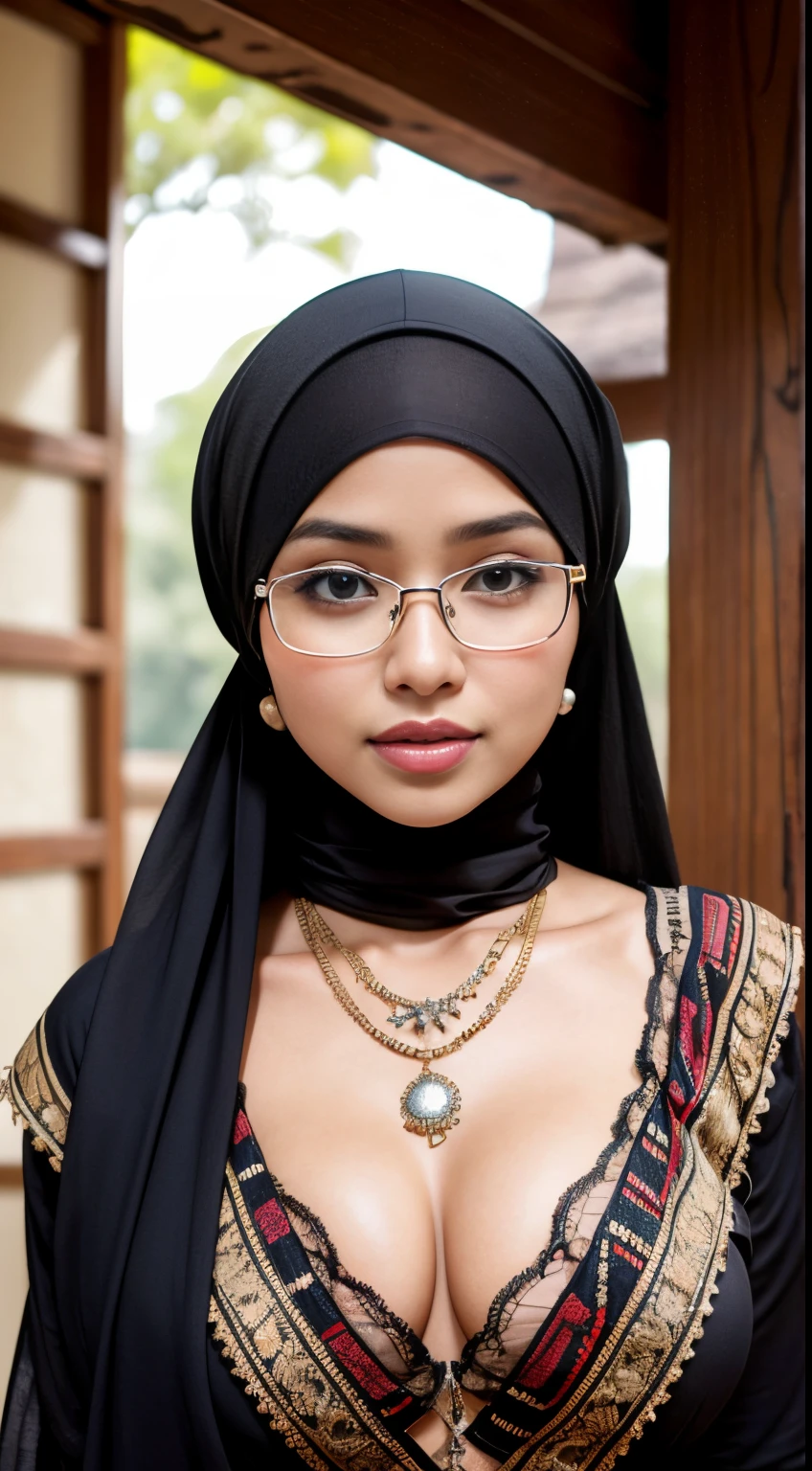 (iu:0.8).cleavage, RAW, Best quality, high resolution, Masterpiece: 1.3, two Beautiful glasses hijabi java girls wearing sexy wrestler, Masterpiece, Soft smile