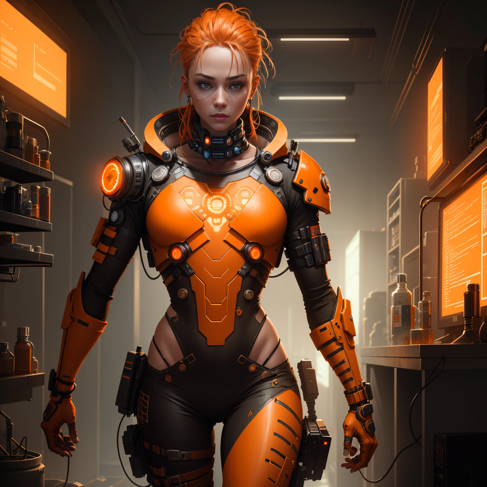 A human with orange colored skin, cyberpunk laboratory setting, high quality digital painting, intricate details, reference from great digital painting artists, 8K