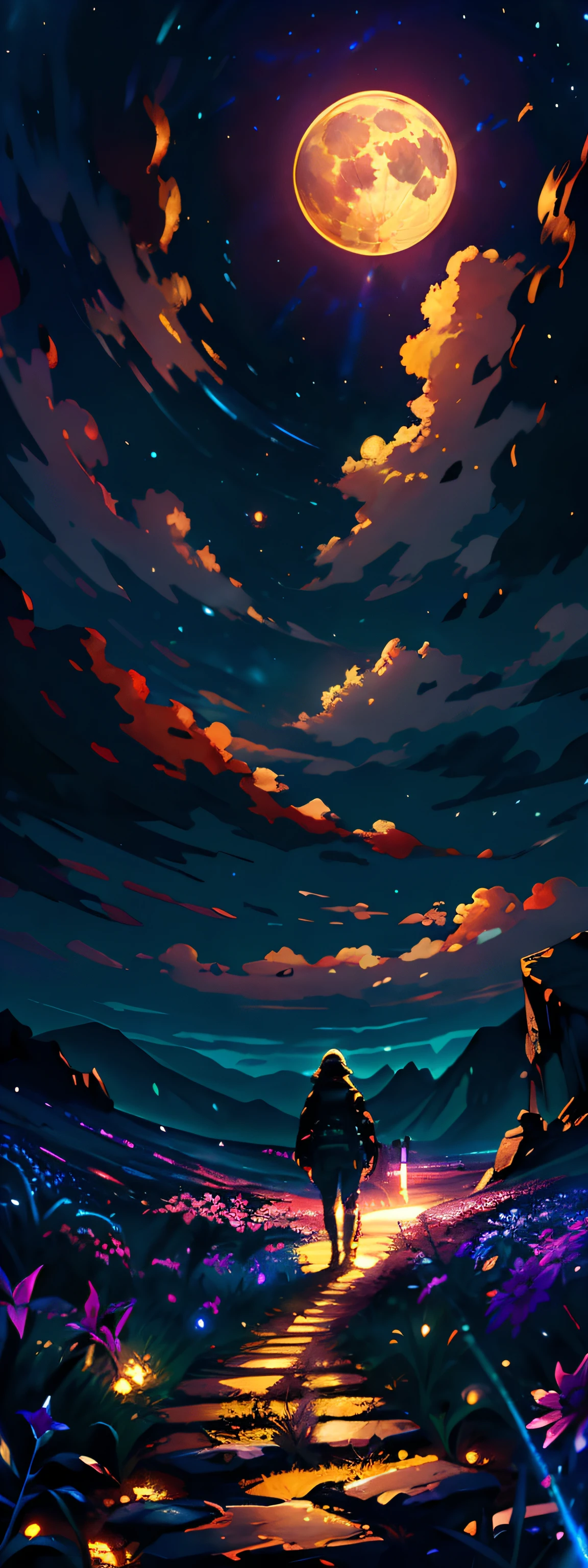 expansive landscape photograph , (a view from below that shows sky above and open field below), a girl standing on flower field looking up, (full moon:1.2), ( shooting stars:0.9), (nebula:1.3), distant mountain, tree BREAK
production art, (warm light source:1.2), (Firefly:1.2), lamp, lot of purple and orange, intricate details, volumetric lighting BREAK
(masterpiece:1.2), (best quality), 4k, ultra-detailed, (dynamic composition:1.4), highly detailed, colorful details,( iridescent colors:1.2), (glowing lighting, atmospheric lighting), dreamy, magical, (solo:1.2)
