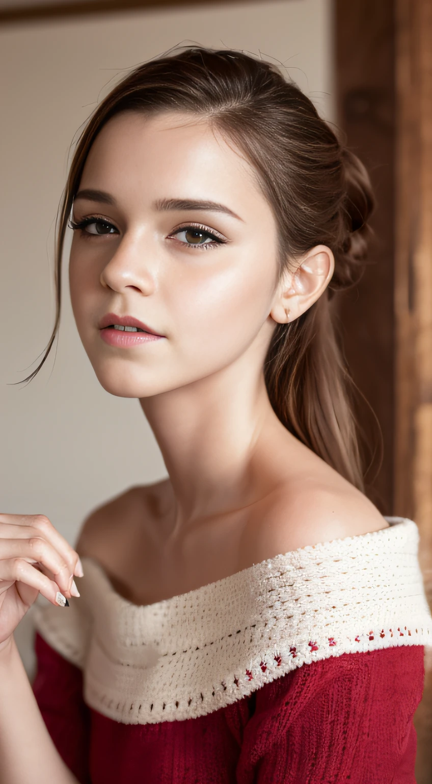 ((emma watson)),santa dress outfit,gloves,hands gripping breasts,hat,eyes crossed,tongue out,Ahageo Face,hot girl,pretty,sexy,(RAW 8k photo) of (DEN_martina_finocchio), (wearing edgPO pullover, edgPO, sweater), (RAW photo, best quality), (realistic, photo-realistic:1.4), masterpiece, an extremely delicate and beautiful, extremely detailed, 2k wallpaper, Amazing, finely detail, extremely detailed CG unity 8k wallpaper, ultra-detailed, highres, soft light, mascara, makeup, beautiful detailed woman, smiling, perfect anatomy, long hair, extremely detailed eyes and face, beautiful detailed nose, beautiful detailed eyes, cinematic lighting, in the front room of a beautiful log cabin, winter scenery, christmas decorations, fireplace