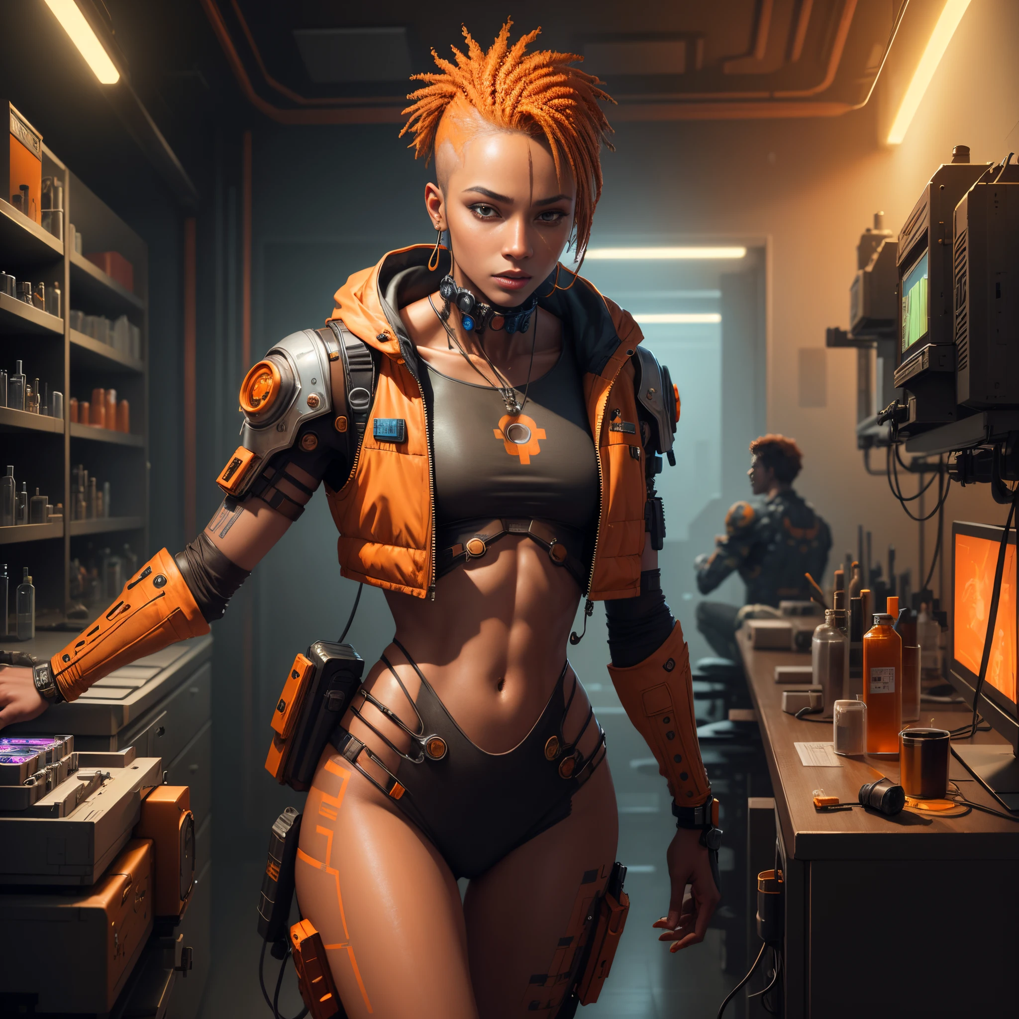 A human with orange colored skin, cyberpunk laboratory setting, high quality digital painting, intricate details, reference from great digital painting artists, 8K