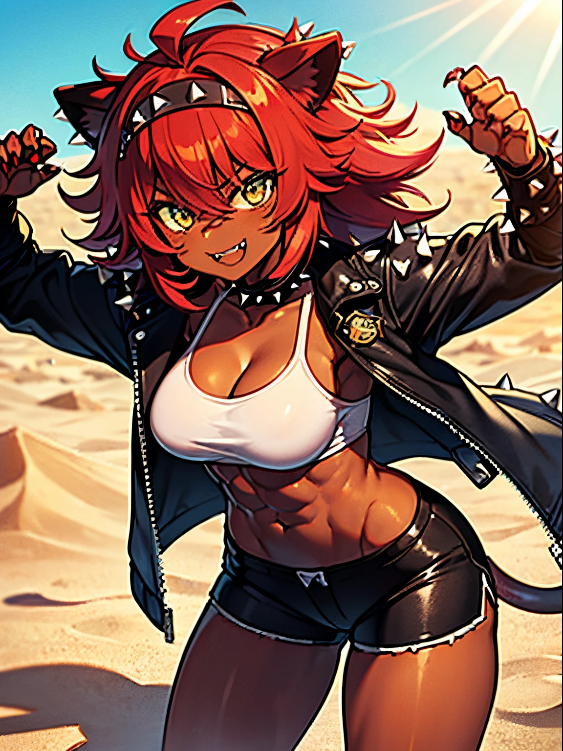 (****:1.4), abs, stinger, manticore, long spiky hair, (spiky hair, brown skin, tan, wings, cowboyshot, desert, sand, sun rays, smug smile, midget, abs, wide hips, short stack, fangs, claws, jacket, headband, red hair, badge on arms, boxer, messy hair, lion ears, lion mane, brown skin, dark skin, (messy spiky hair:1.5), biker shorts, bandage bra, short stack, shorty