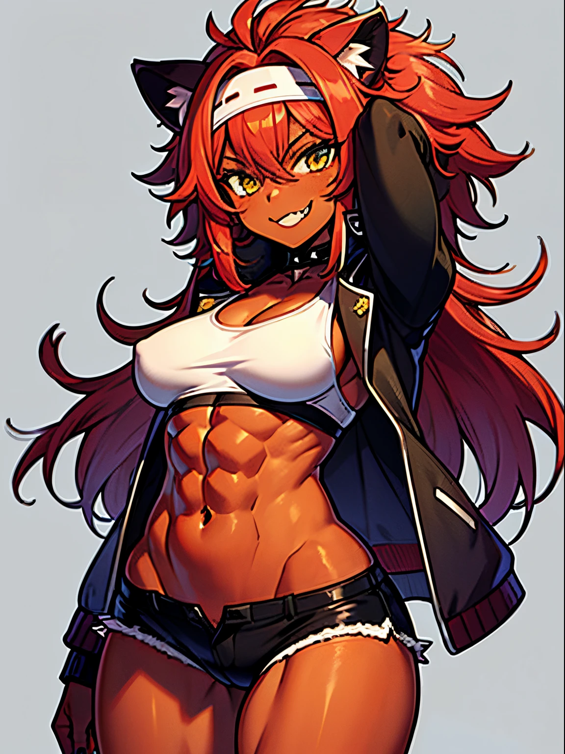 (Loli:1.3), abs, stinger, manticore, long spiky hair, (spiky hair:1.2), brown skin, tan, wings, cowboyshot, desert, smug smile, midget, abs, wide hips, short stack, fangs, claws, jacket, headband, red hair, badge on arms, boxer, messy hair, lion ears, lion mane, brown skin, dark skin, (messy spiky hair:1.5), biker shorts, bandage bra
