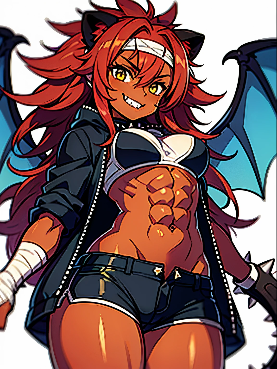 (:1.3), abs, stinger, manticore, long spiky hair, (spiky hair:1.2), brown skin, tan, wings, cowboyshot, desert, smug smile, midget, abs, wide hips, short stack, fangs, claws, jacket, headband, red hair, badge on arms, boxer, messy hair, lion ears, lion mane, brown skin, dark skin, (messy spiky hair:1.5), biker shorts, bandage bra