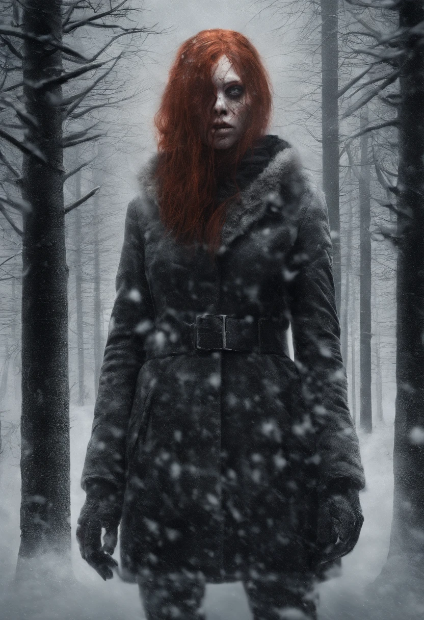 Red haired girl, 2 feet of snow, snow up to her waist, in a forest