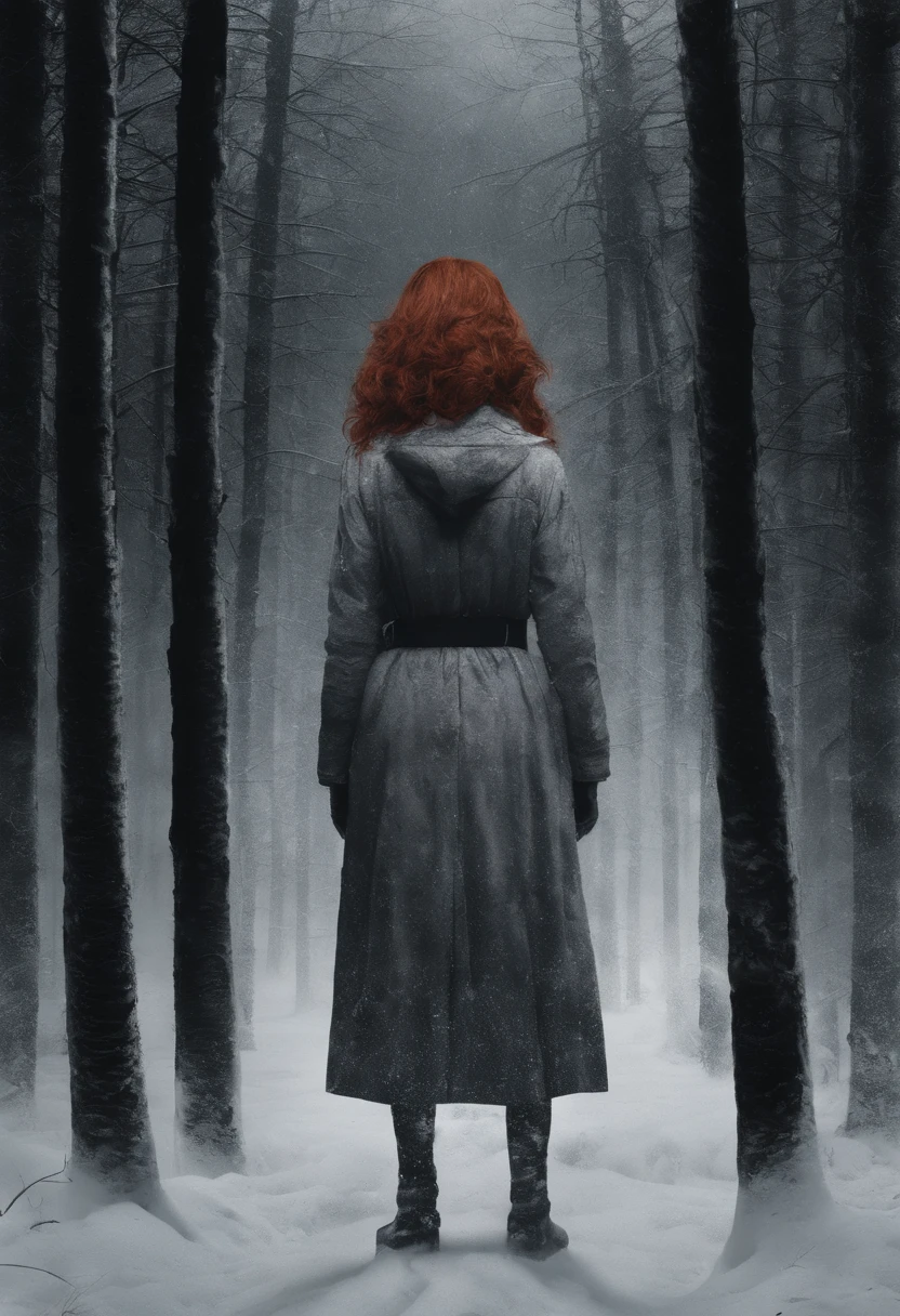 Red haired girl, 2 feet of snow, snow up to her waist, in a forest