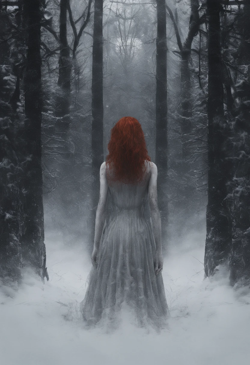 Red haired girl, 2 feet of snow, snow up to her waist, in a forest