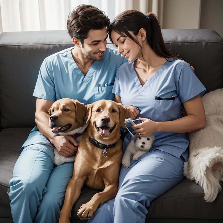 A loving couple, dressed in their nursing scrubs, cuddling on the couch with their loyal dog by their side.