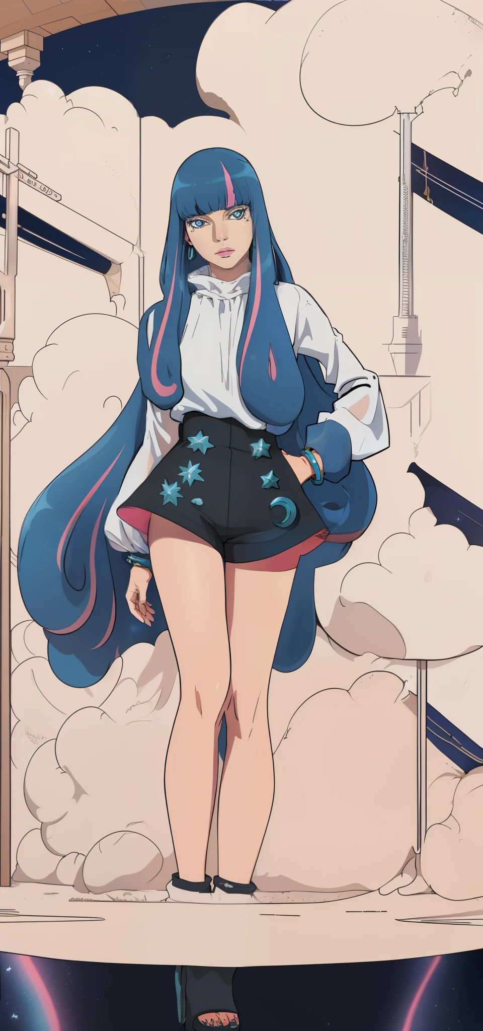 a ((best quality)), ((highly detailed)), masterpiece, ((official art)), detailed face, beautiful face, (detailed eyes:1.3, deep eyes), (eida), long hair, looking at viewer, bangs, blue eyes, shirt, long sleeves, jewelry, very long hair, blue hair, pink hair, multicolored hair, earrings, sky, shorts, blunt bangs, star (symbol), nail polish, bracelet, two-tone hair, streaked hair, hand on hip, short shorts, night, black shorts, crescent, star (sky), night sky, personification, starry sky, high-waist shortsbest quality, masterpiece, intricate details, tonemapping, sharp focus, hyper detailed, trending on Artstation,1 girl, solo,best quality, masterpiece, intricate details, tonemapping, sharp focus, hyper detailed, trending on Artstation,1 girl, solo
Waiting to start