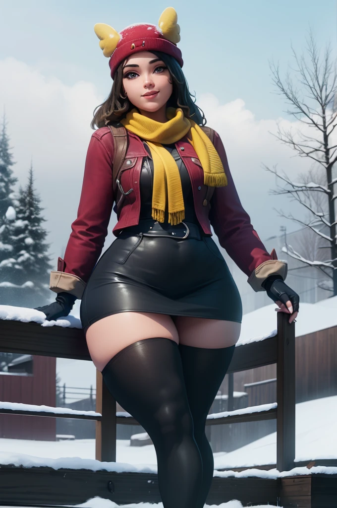 (8k, best quality, masterpiece:1.2), (realistic, photo-realistic:1.37), ultra-detailed, 1 girl,cute, solo, ,beautiful detailed blue eyes, medium wavy hair, standing in a park, smiling, looking at viewer, ,light brown hair, full body view, , whole body shot, red hat,choker, yellow scarf, red sweater,, winter gloves, winter, snow, snowing, pantyhose, stockings black skirt, converse, thick thighs