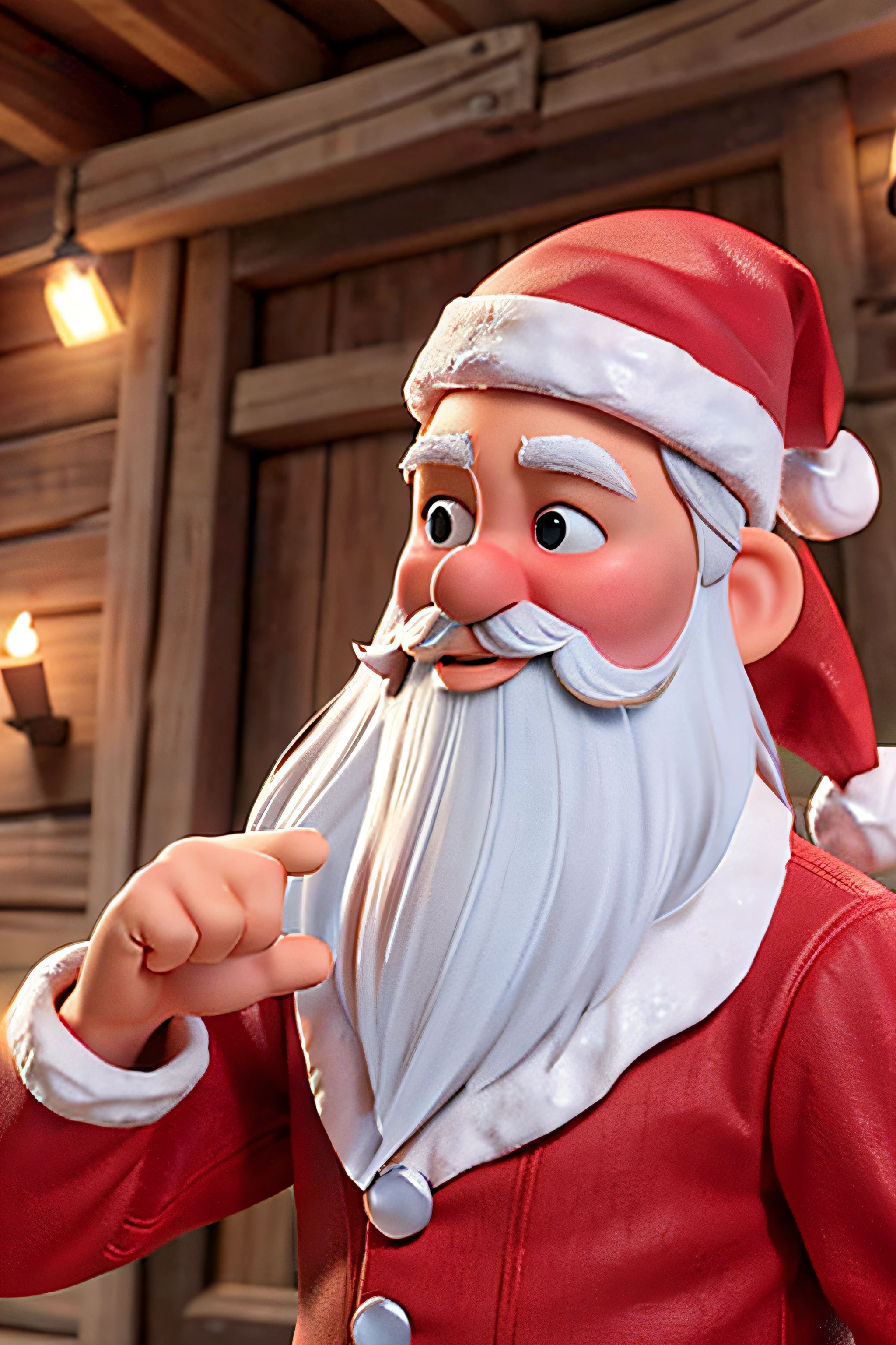 Santa Claus is waving his hands in a right hand gesture, Santa, Papai Noel, Papai Noel, he is greeting you warmly, holiday season, fotografia de close-up, trending ，, catalog photo, iStock, usando roupas festivas, imagem promocional, Foto O Closeup, : :, imagem vazada, Foto de Stock, Ad image, imagem detalhada, santa inside a rustic barn, Legendas, cinematic picture, ..3d, realista