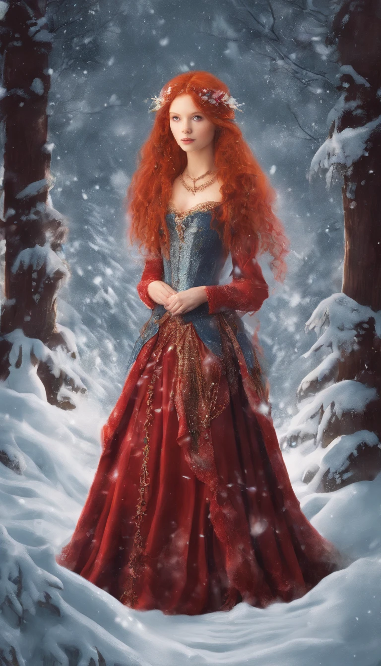 Red haired girl, 2 feet of snow, snow up to her waist, in a forest