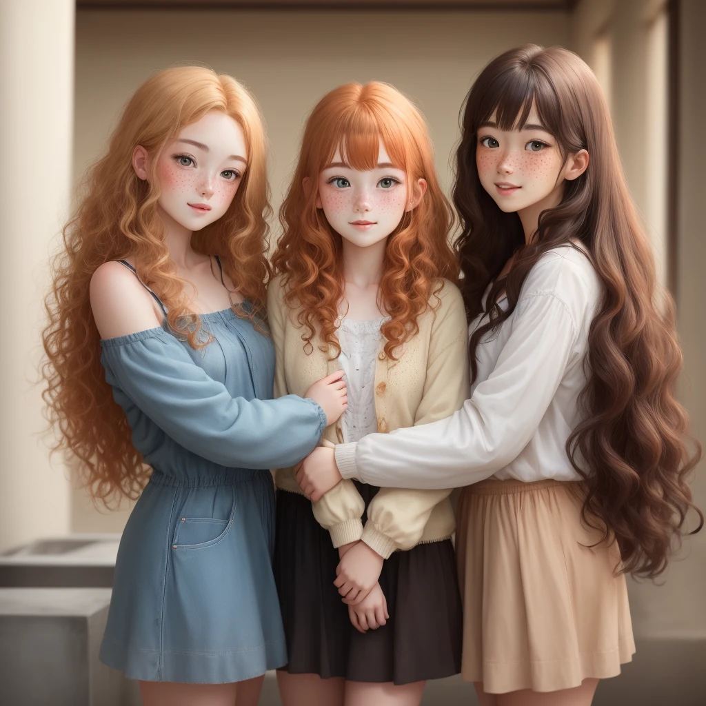 brown curly long haired girl with ginger girl with freckles