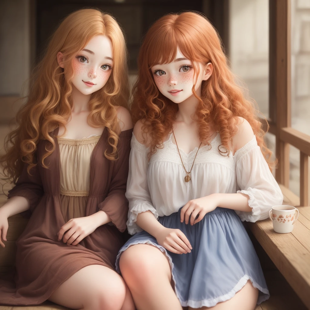 brown curly long haired girl with ginger girl with freckles