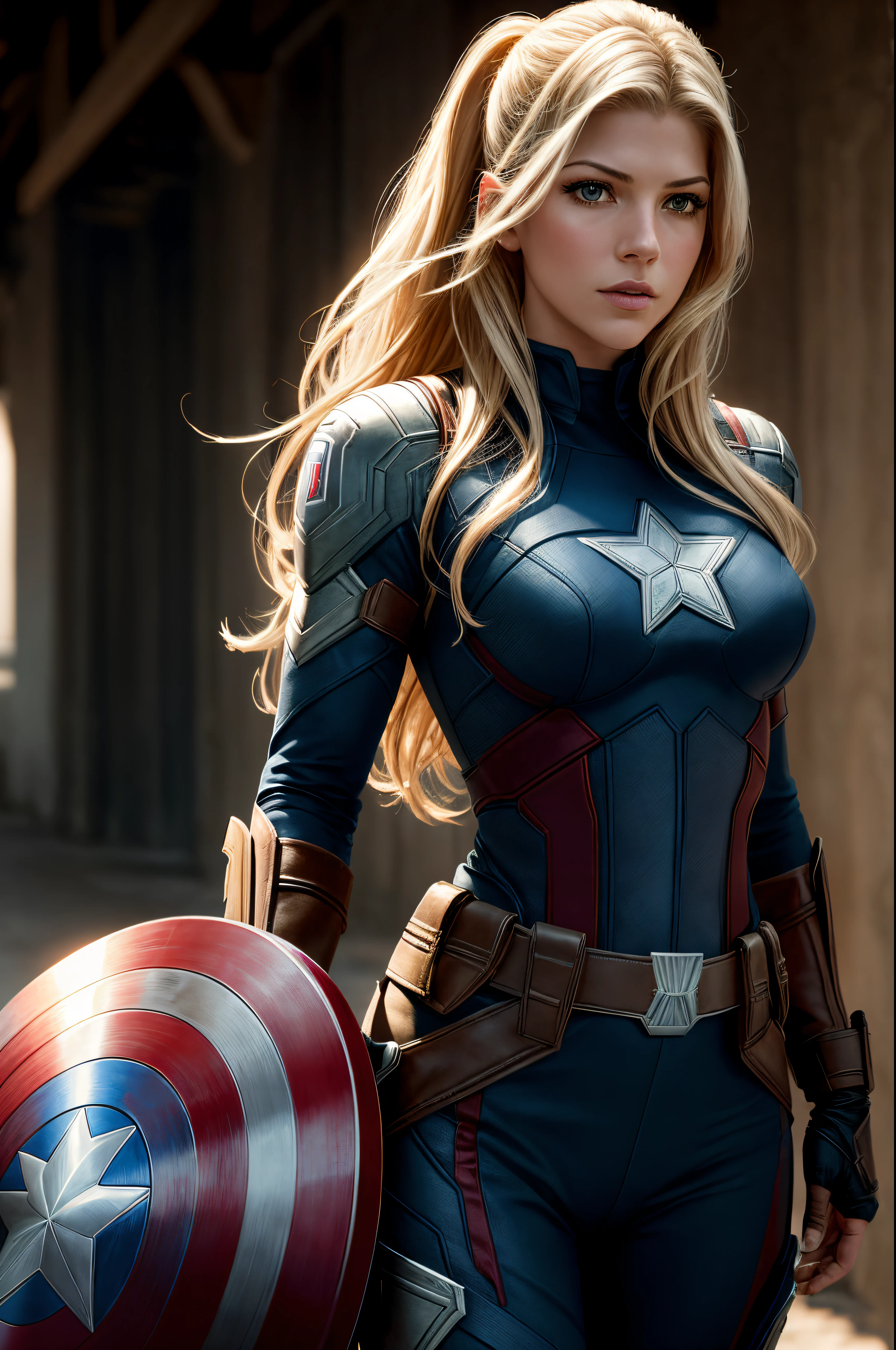 realistic image of Katheryn Winnick as Captain America, fotografia de corpo inteiro de (Kathwin: 1), (Rim lighting in hair), Sharp, profundidade de campo rasa, feminine heroic, (Curvas: 1,2), (altamente detalhado), (Concedido), (obra-prima), foto do filme, ( HDR), (papel de parede 8k),Captain America costume,voando,heaven background,Foco feminino