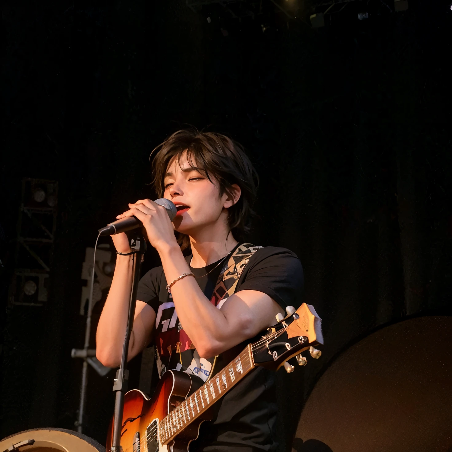 Arafed man with a guitar and a microphone on stage.., performing on stage, Tocar la guitarra en el escenario, en el escenario, Finn Wolfhard, Realizar, en el escenario, en un escenario, taken in the early 2020s, rocking out, Foto del concierto, Timothee Chalamet, live performance, Declan McKenna, mirando a su lado, Zac Retz