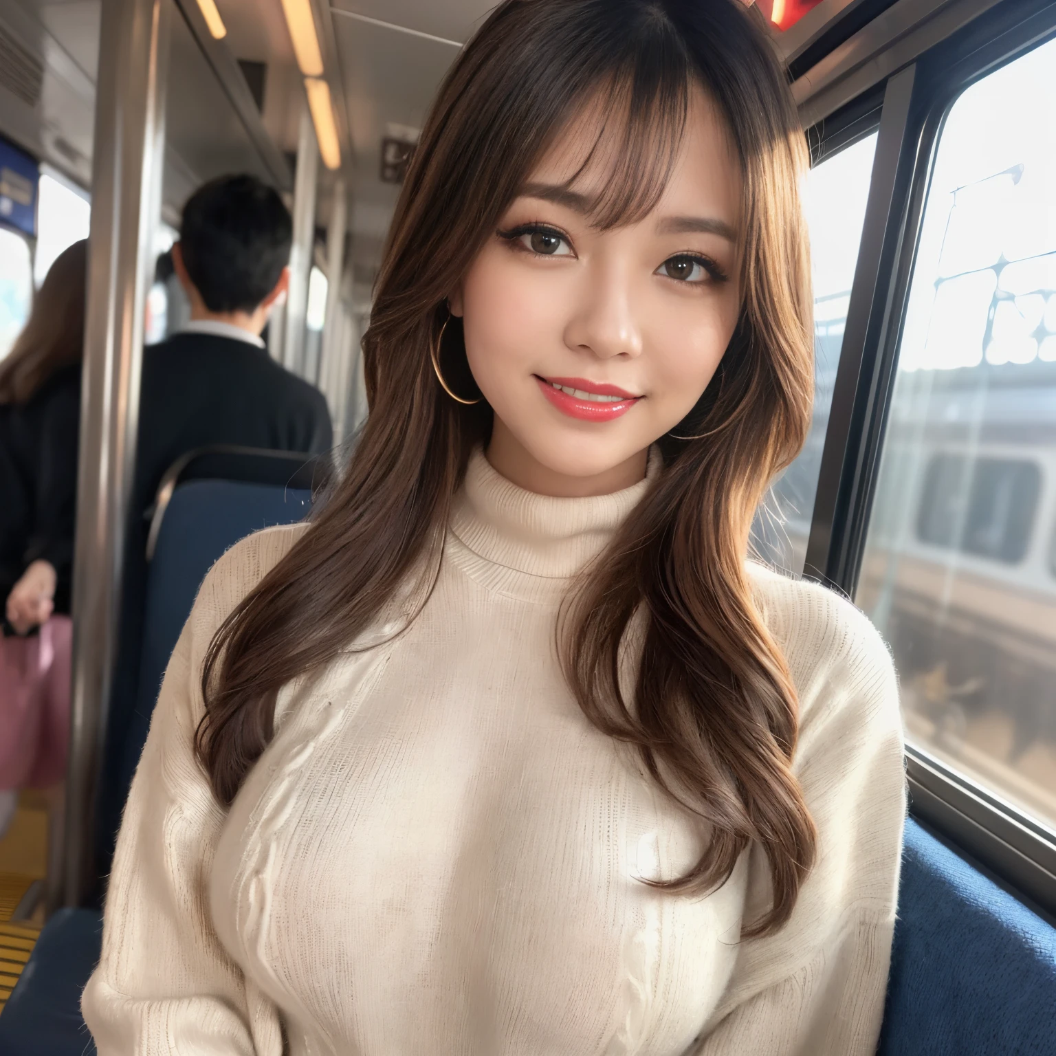 ((Best Quality, masutepiece, 超A high resolution、The most complex and detailed depictions))、(very bright white lighting:1.2)、Woman in turtleneck sweater、 Long Wave Hair、Brown hair、a blond、Color Contacts、Perfect makeup、long eyelashes、lipsticks、eyeshadows、(tight black knit:1.3)、(Breast bulge under very large clothes:1.3)、turtle neck、细致背景, Look at viewers、(the best smile when you look at me:1.3)、Knitted dresses、The background is a crowded train、(Super detailed reproduction of the interior of a real train:1.3)、cowboy  shot、(low angles:1.2)